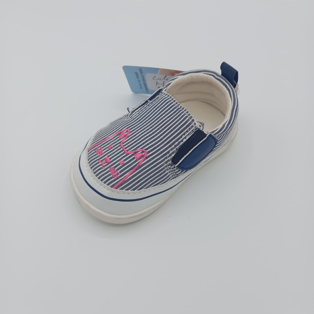 Navy Blue Striped Canvas Baby Slip-On Shoes | Soft Sole Infant Sneakers with Cute Pink Bunny Design