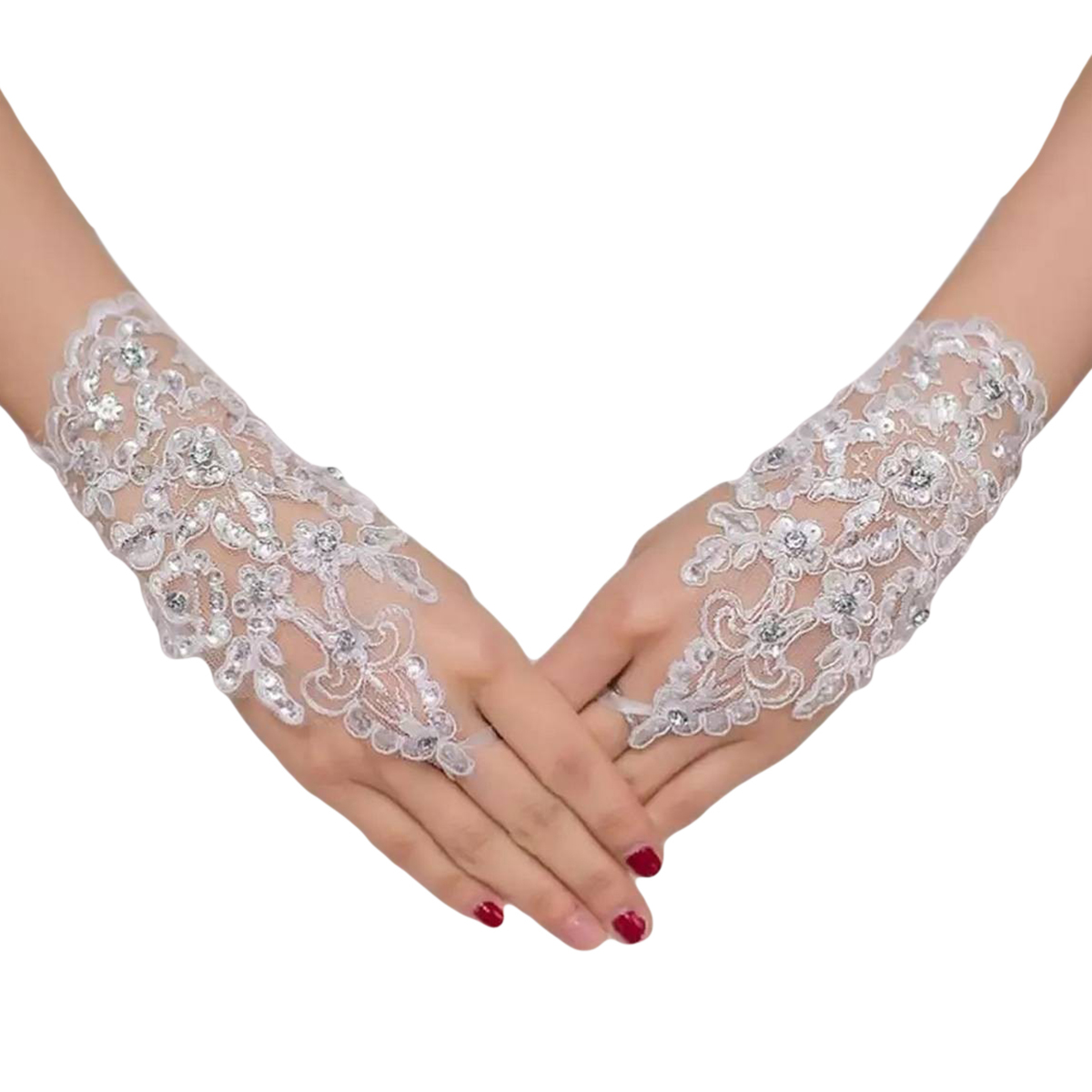 1 Pair Lace Fingerless Bridal Wedding Gloves For Girls Adjustable Faux Pearl Decor Short Gloves - Stretchy Polyester Material - Perfect For Bridal Wedding /Party