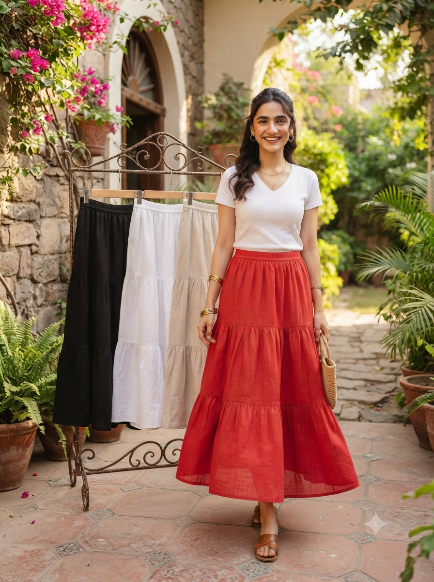 Multi Layered Tiered Summer Cotton Maxi Skirt for Women – Flowy Long Skirt with Elastic Waist (XS to XXL)