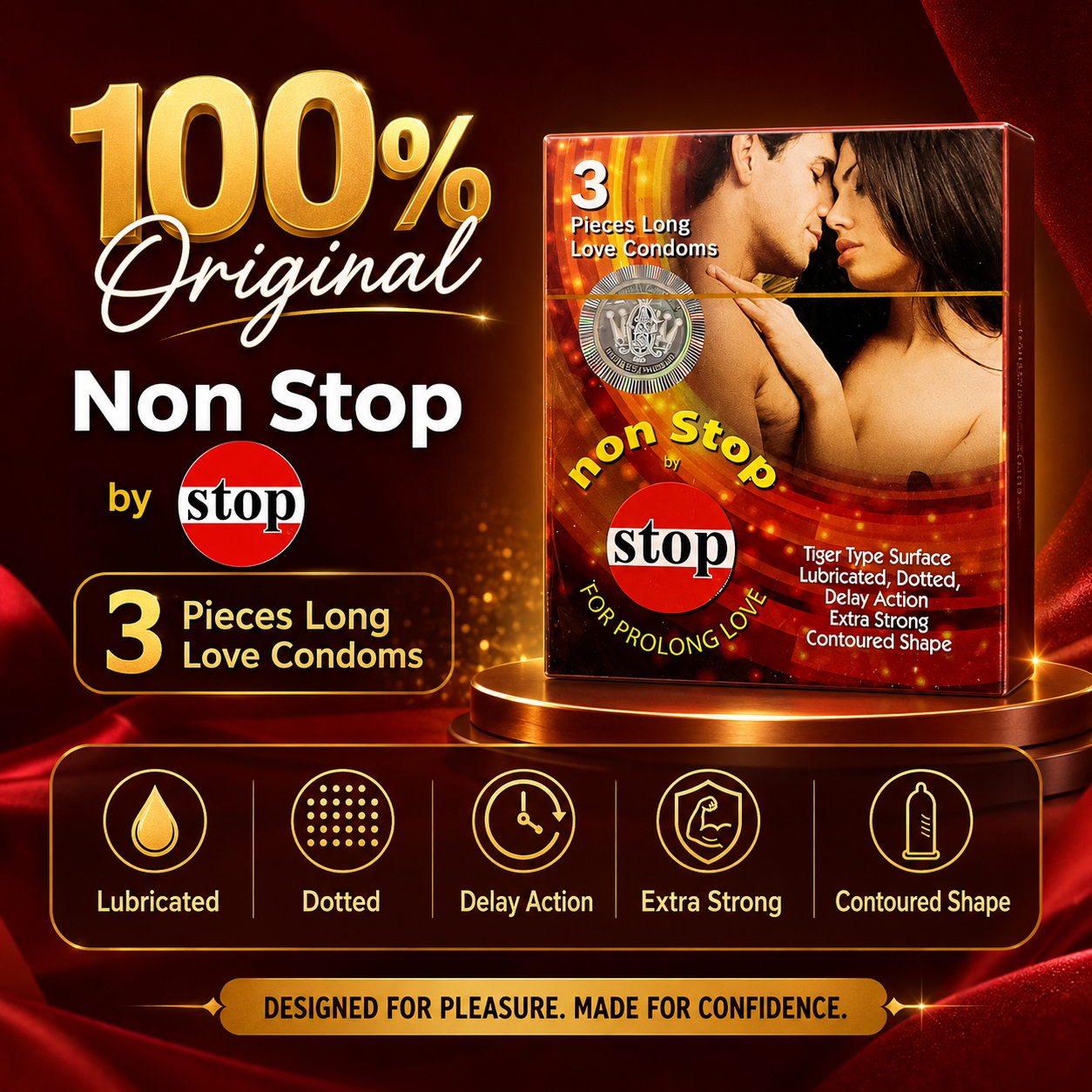 Non-Stop by Stop Premium Condoms – Pack of 3 | Lubricated, Dotted, Delay Action, Extra Strong & Contoured Shape
