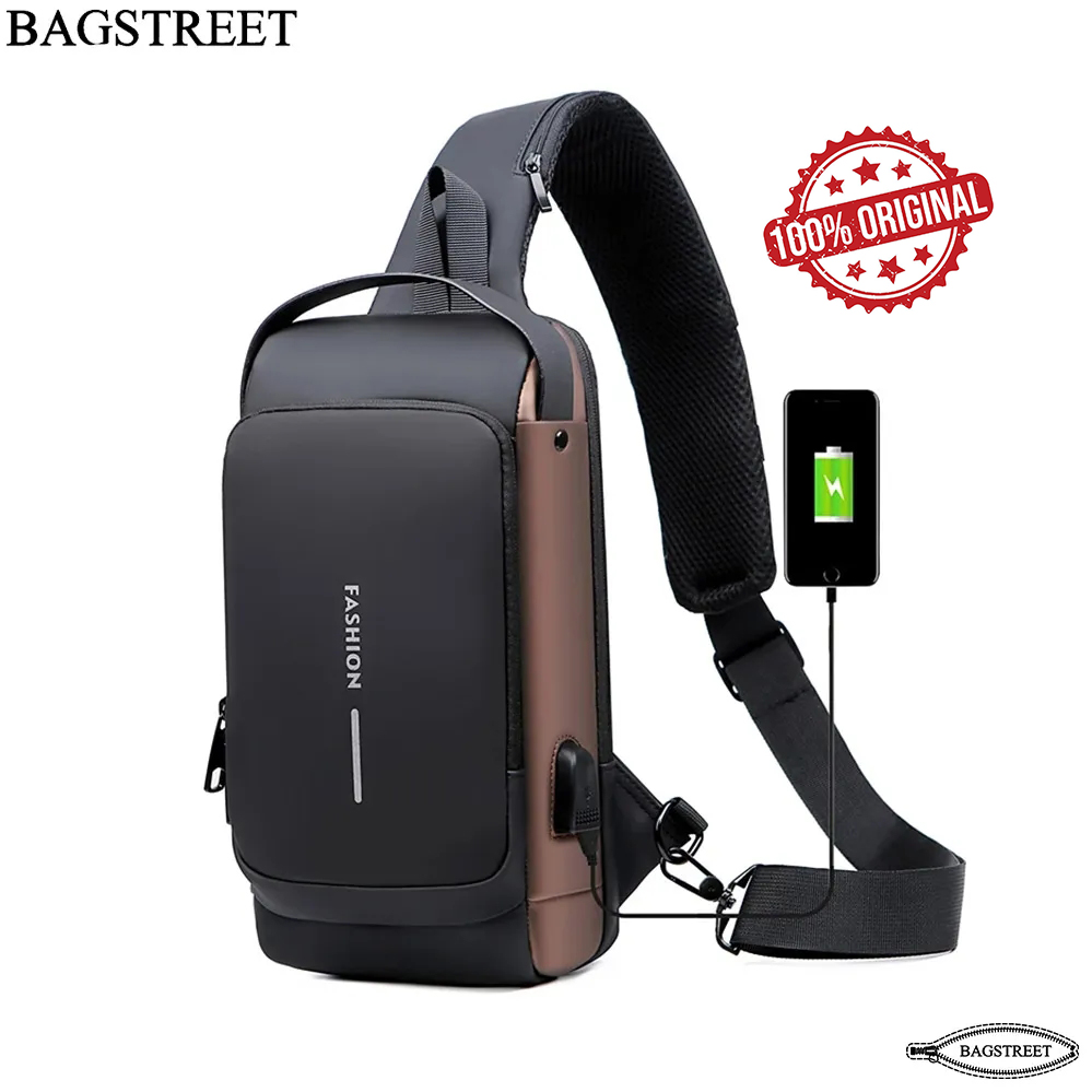 BAGSTREET New Waterproof Anti-Theft Unisex Sling Crossbody Bag with USB Charging Port and Combination Lock - Black