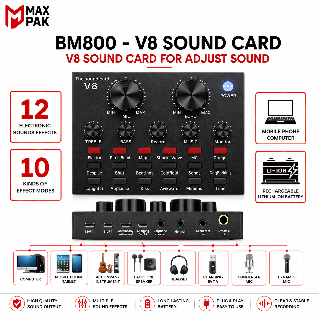 Mini V8 Sound Card Bluetooth Audio Mixer & Voice Changer - 12 Sound Effects Lithium Rechargeable Battery - For Live Streaming & Broadcasting & Podcast - Compatible With PC Computer - Black