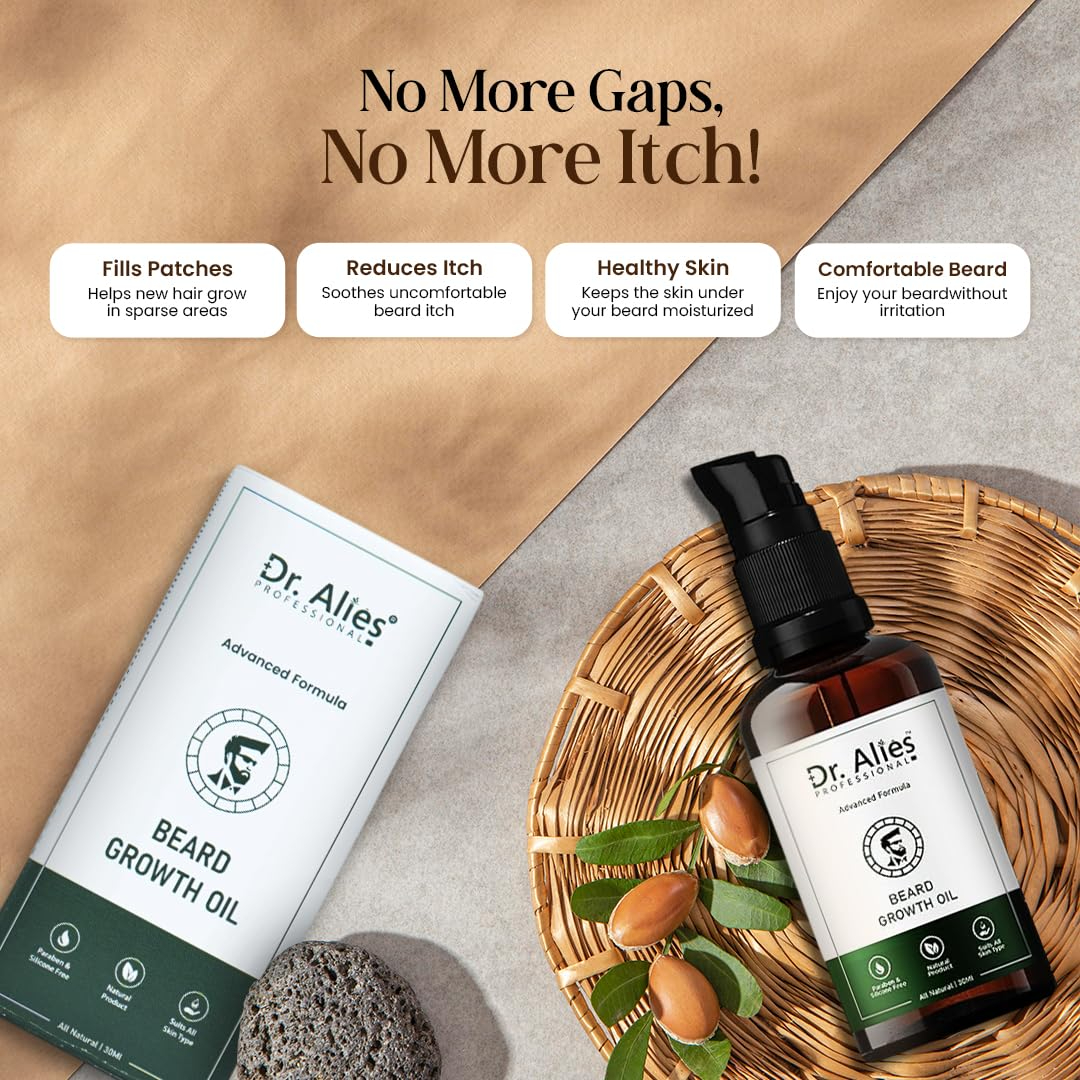Dr. Alies Professional Beard Growth Oil for Men | Natural Beard Growth Serum with Rosemary, Castor & Herbal Oils | Helps Fill Patchy Beard, Strengthens Hair Roots, Softens & Conditions Beard | Promotes Thicker, Fuller, Healthier Beard Growth