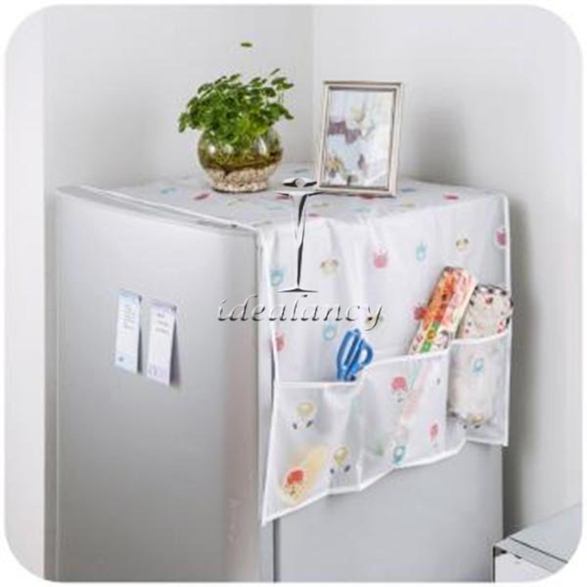 Fridge Cover with Pockets Printed Fridge Dust Cover Waterproof Refrigerator Dustproof Cover Household Freezer Top Hanging Bag Fridge Storage Bag Appliance Protector Organizer Top Cover