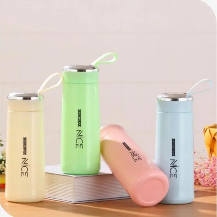 Nice Glass Water Bottle with Plastic Coated Cover & Lid – 400ml