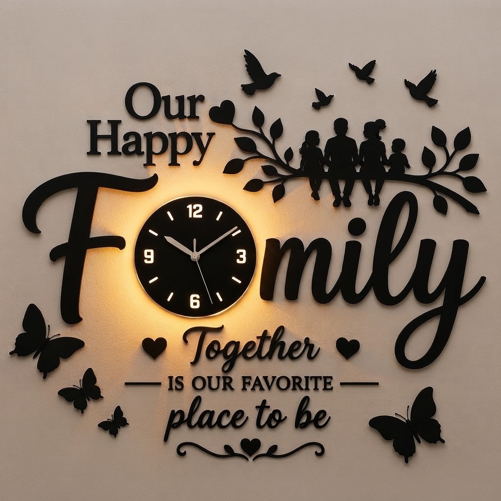 Reboch Decor Brand Our Happy Family 3D Wooden Wall Clock I Wooden Wall Clock I Wall Clocks I Wall Clock For Bedroom I Wall Clock for Room I Wooden Wall Clock I Wooden Clock I Clocks I Clock