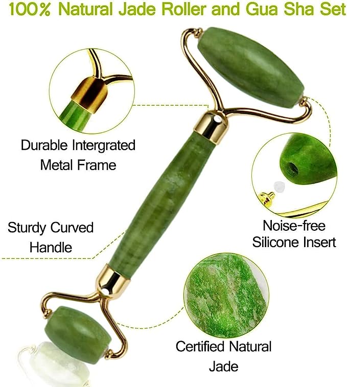 (Original Stone) Jade Roller and Gua Sha Set, Beyond Jade Face Roller - Face Massager, Facial Roller for Skin, Eyes, Neck - Noiseless Design - Jade Roller & Guasha Reduce Puffiness and Improve Wrinkles - Guasha Stone Self Care Gift for Man Women