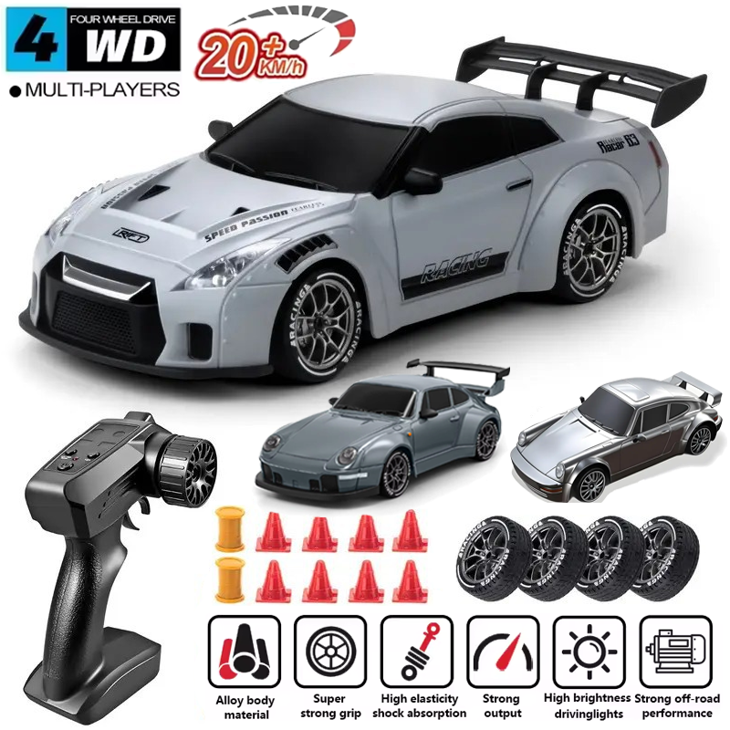 KIDDO KASTLE -  Remote Control Speed Racing 1:24 RC Porsche 911 GT3 & Nissan GTR Drift Car | 2.4GHz 4WD 20KM/H Remote Control Racing Car with LED Lights, USB Rechargeable Battery & Replaceable Drift Tires | Competition Race Car Toy For Kids Boy | Assorted