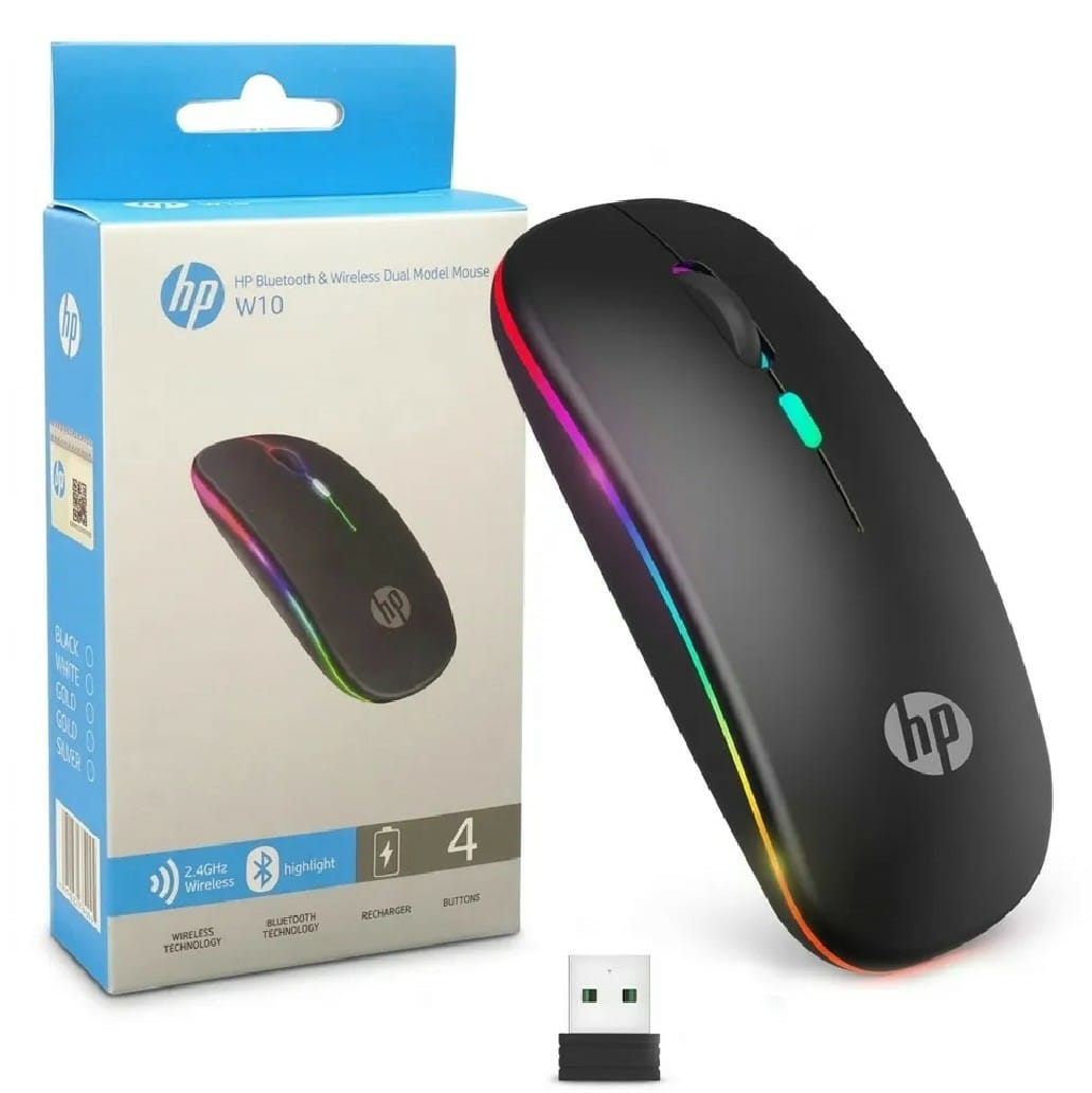 Hp Rechargeable RGB Wireless Bluetooth Mouse - Slim & Silent 7 Colours LED Lights-Transparent & Black Body-Dual Mode 2.4G & Bluetooth-Rechargeable Portable Optical Office Mouse With USB Receiver-3 Adjustable DPI Levels for Notebook, PC,Laptop Original