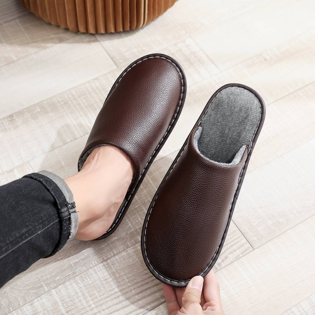 Tru Style: Leather Autumn and Winter Household Slippers Home Indoor Thick Bottom Non-slip Waterproof Warm Home Slippers,house slippers for Men and Women