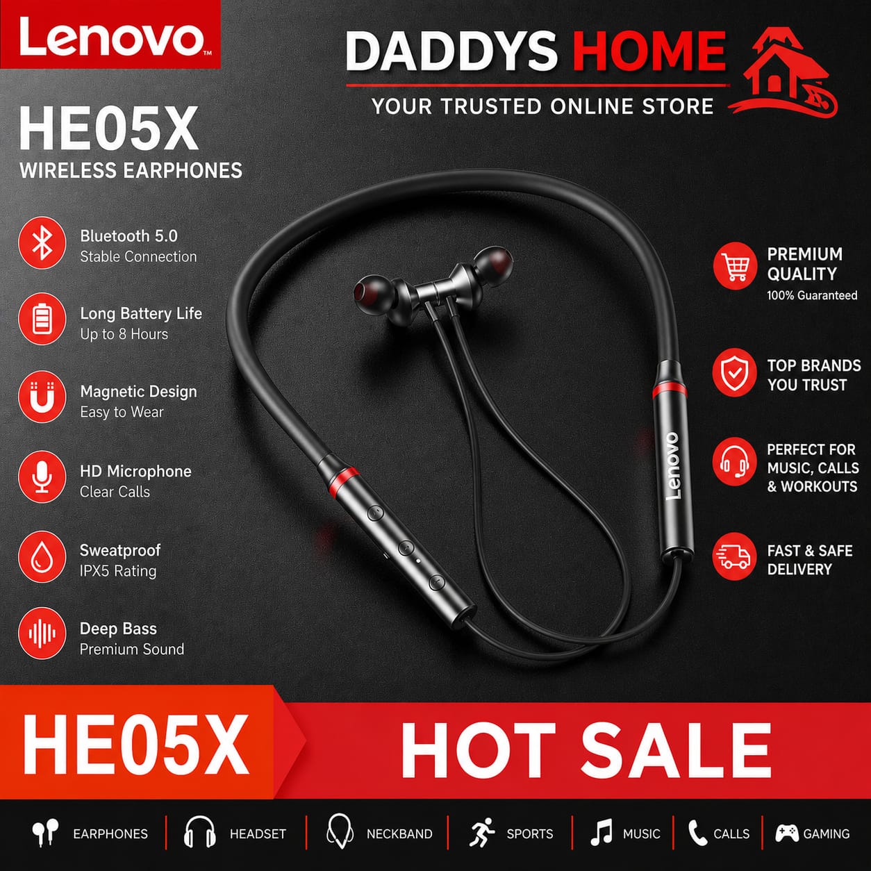 HOT Sale Original Lenovo HE05X Bluetooth 5.3 Earphones Sports Headphones Waterproof Wireless HIFI Sound Magnetic Neckband Headset Mic For All Mobile Phone price in Pakistan