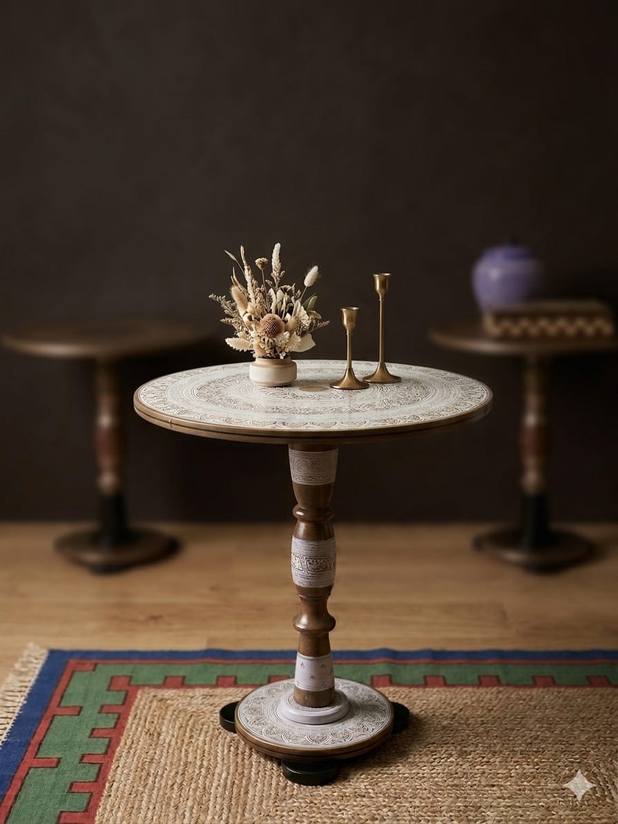 Handcrafted Wooden Coffee Table | Premium Naqshi Art Side Table | Round Decorative Center Table | Vintage Hand Painted Furniture | Home Decor