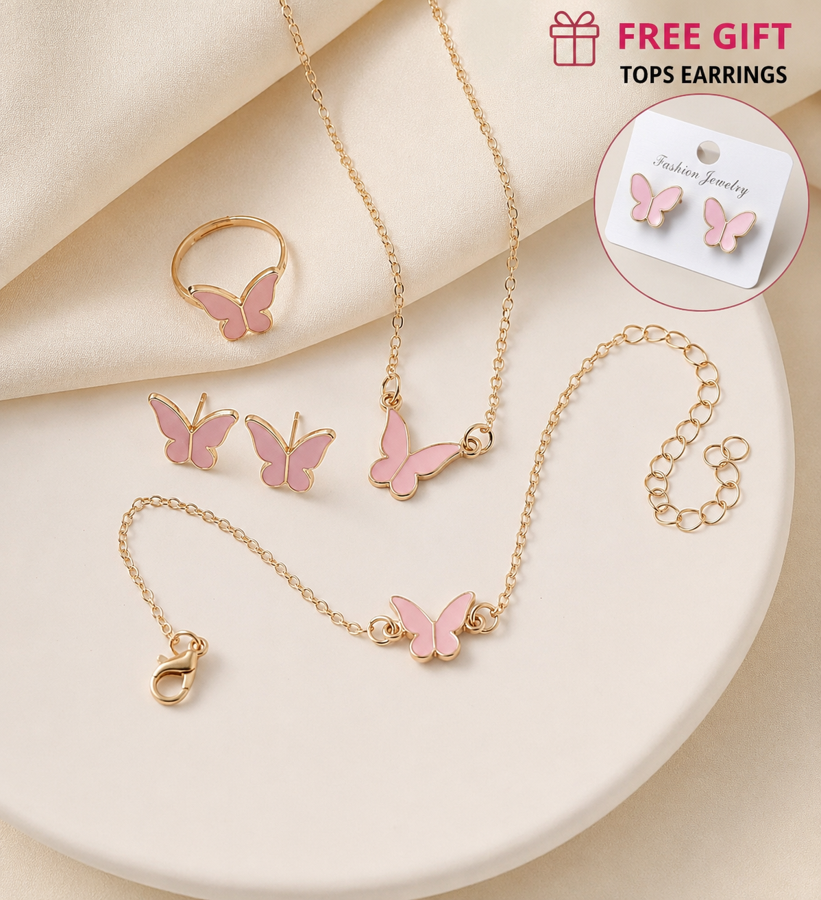 Butterfly Jewelry Set for Women | Black Butterfly Necklace Bracelet Ring & Earrings | Trendy Fashion Jewelry | Free Gift Earrings