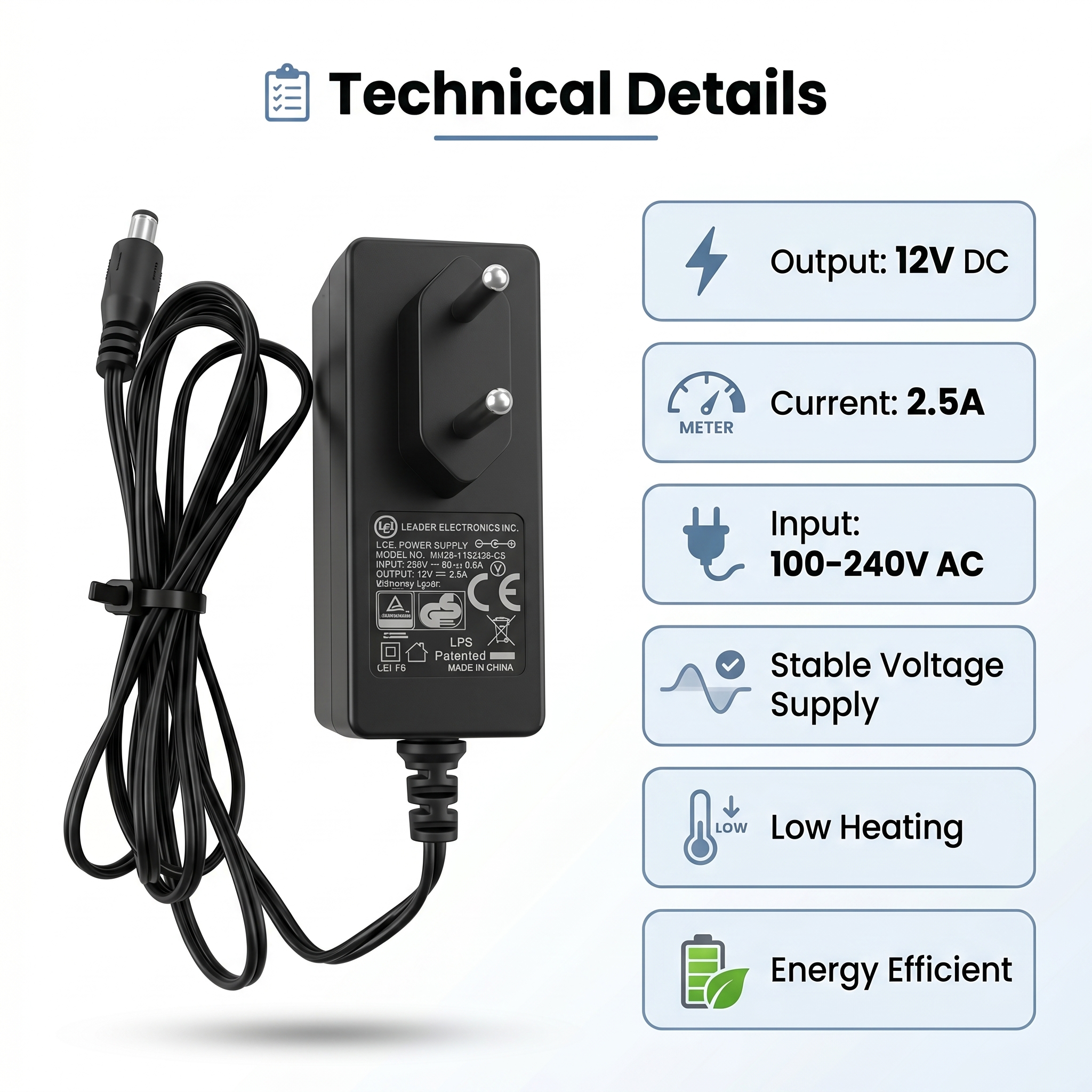12V 2.5A Power Adapter Charger DC 12 Volt 2500mA Power Supply for CCTV Camera DVR NVR WiFi Router TP Link Tenda PTCL Modem LED Strip Lights POS Machine AC to DC Adapter 5.5x2.1mm Jack Universal Branded Tested Stable Voltage Low Heat