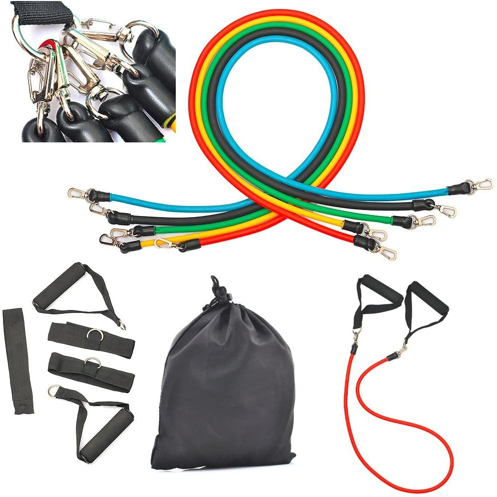11 PCS Latex Resistance Band Set Yoga Pilates Abs Exercise Fitness Gym Workout Set With Elastic Tube, Door Anchor, Ankle Straps, And Handles For Weight Loss Or Stretch