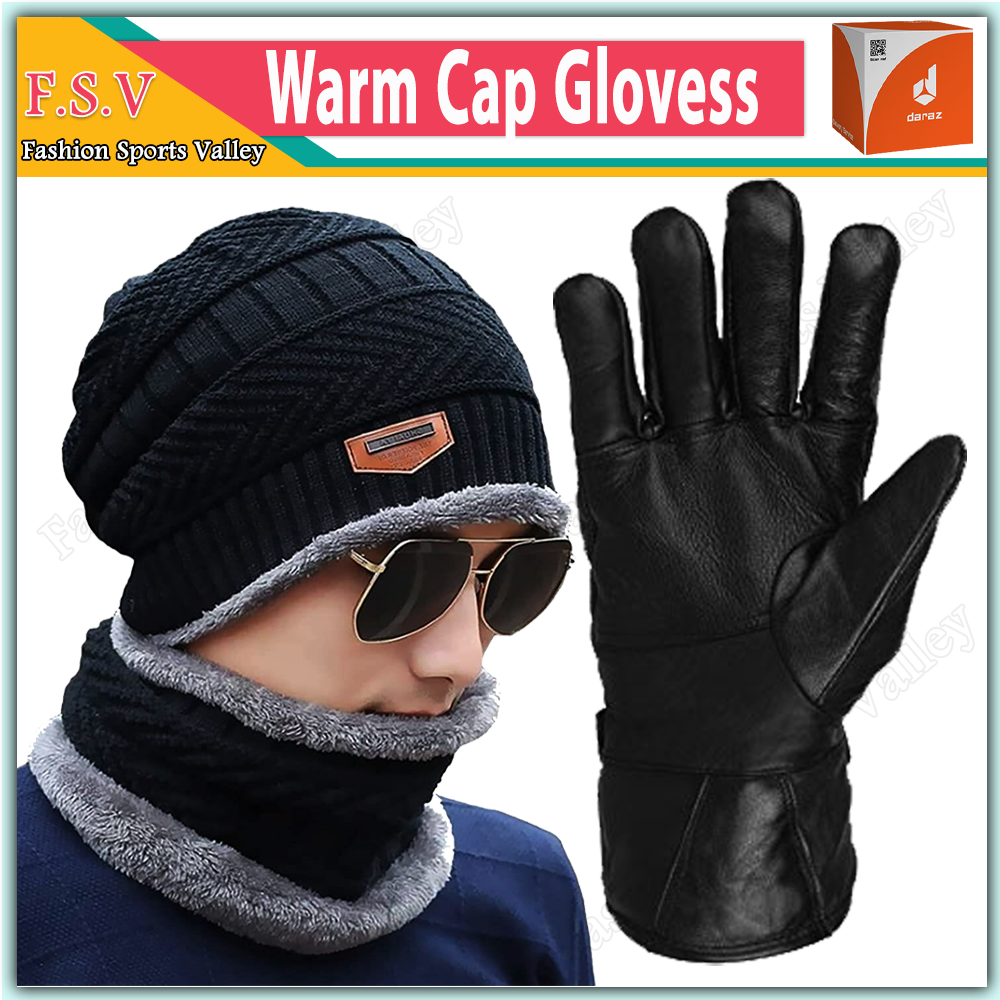 New Winter Hot Woolen Cap Leather Winter Gloves For Bike And Cycle Men And Boys Black Riding Gloves