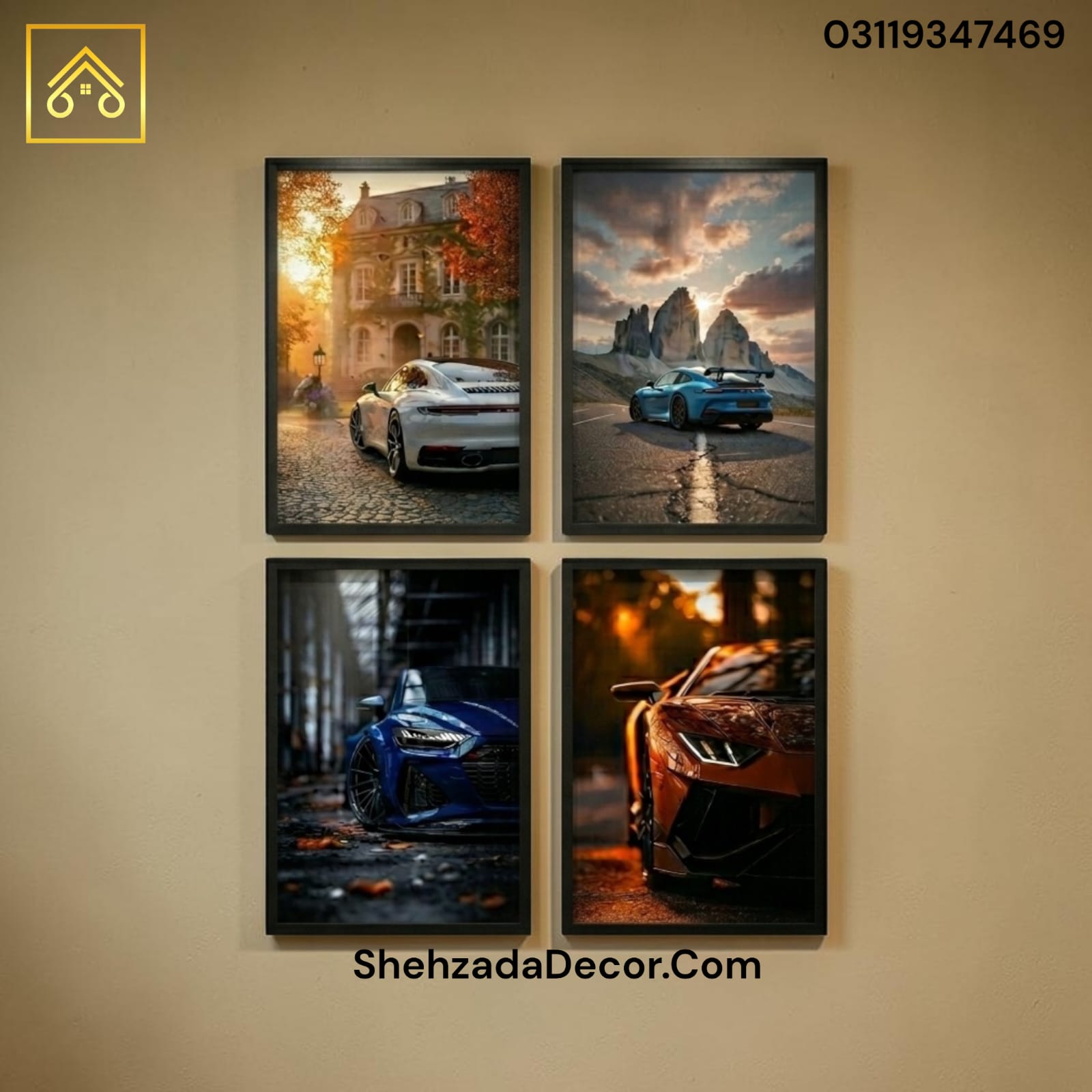 Apex Drive Elite Supercar 4-Piece Wall Frame Set Motivational Frame Wall Art, Luxury Speed Scenic Supercar Wall Decor, Premium Wooden Glass & Budget Sticky MDF Options, Acrylic Glass MDF Photo Frames, Pack of 4, Home Office Room Wall Decoration Pakistan