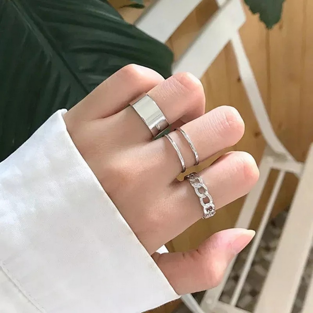 Pack of 3 Silver Rings For Girls Rings For Girlfriend Stylish Geometric Chain Design Adjustable Ring Set High quality Rings