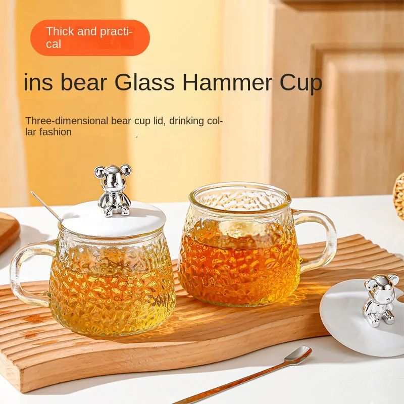 Bear Glass Cup 400Ml Hammer Pattern Coffee Cups Drinkware Tea Mugs With Handle Transparent Glass Cup With Lid