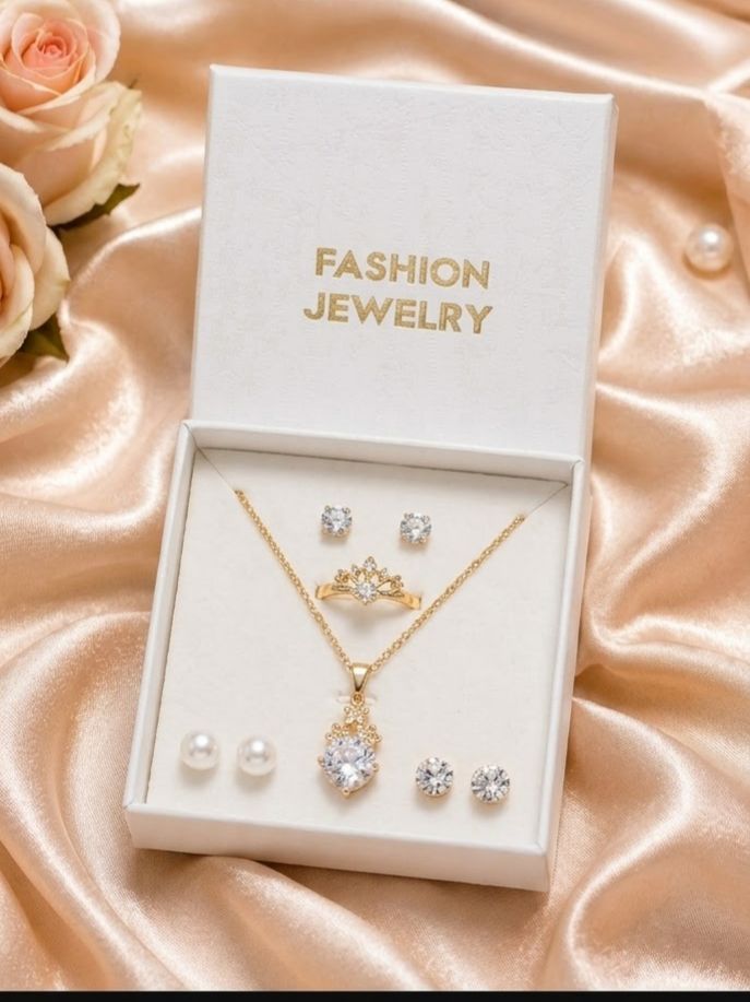 8 Pc Heart Pearl Pendant Necklace Set for Women & Girls | Silver Color Crystal Heart Locket with Pearl Chain | Matching Earrings & Ring Jewelry Set | Elegant Fashion Necklace Set | Party Wear Gift Jewelry | Bridal Engagement Birthday Gift