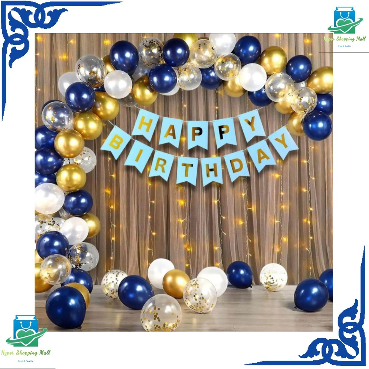 Happy Birthday Decorations Theme Blue Gold & WhiteIncluding Happy Birthday Blue Banner, 3
