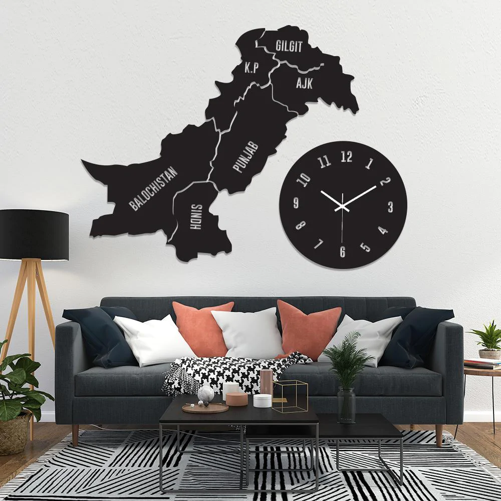 Pakistan Wooden Map Wall Clock Decorative Modern Design Wall Décor