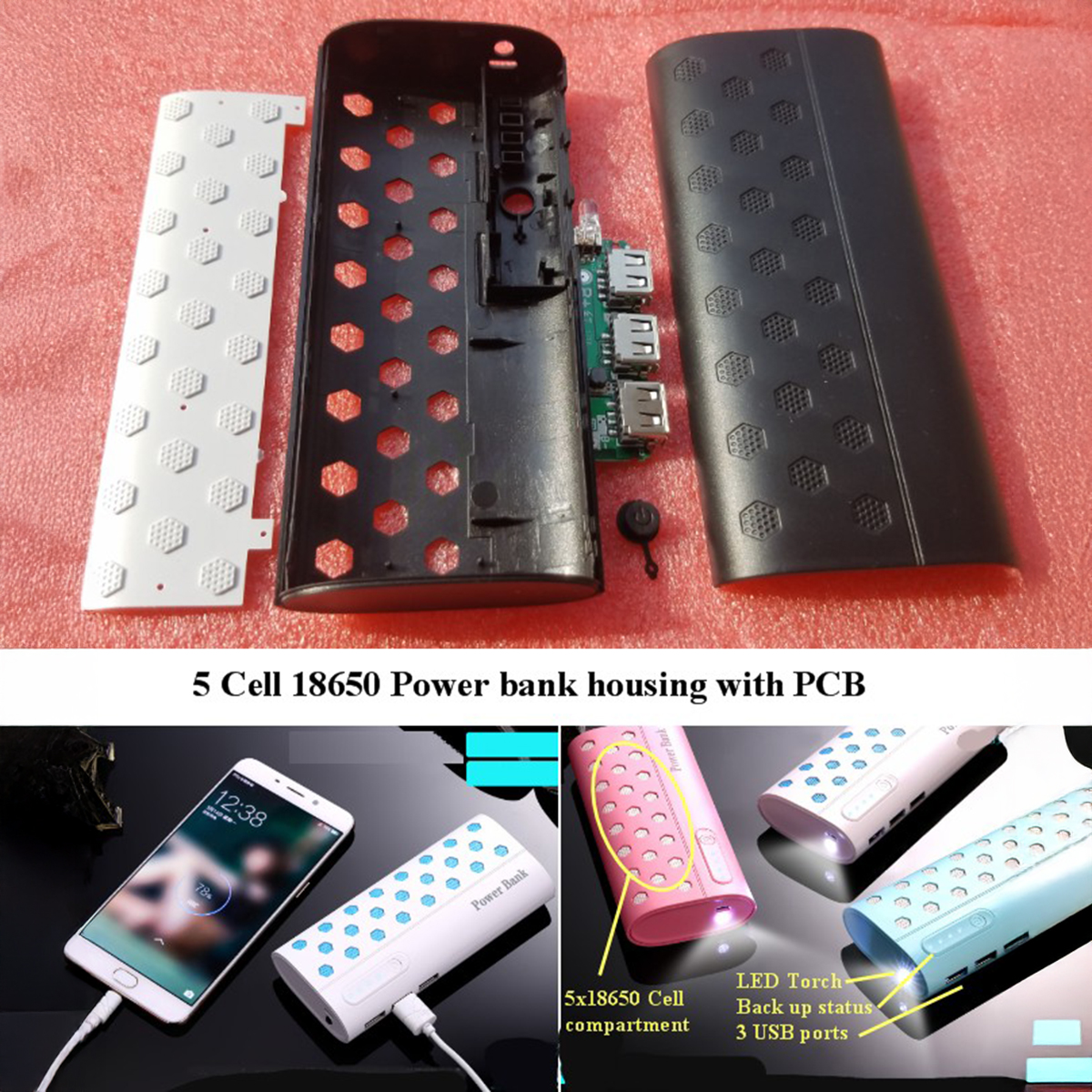 DIY Power Bank Housing with PCB, 5 Cell 18650 Compartment, LED Torch and 3 USB Ports
