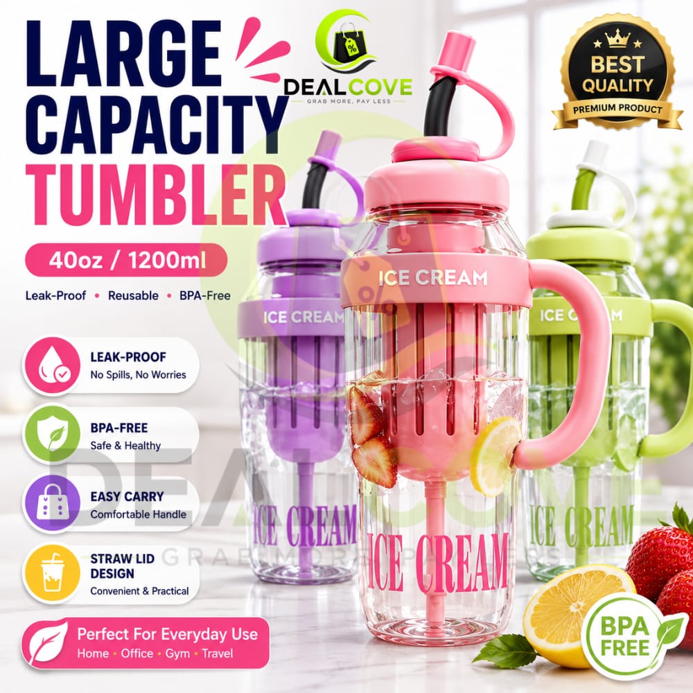 40oz Tumbler – Ice Cream Water Bottle – 1200ML Large Capacity Water Tumbler with Handle & Straw | BPA-Free Leak Proof Water Bottle | Reusable Drinking Cup with Flip Straw Lid | Portable Sports Bottle for Gym, Office, School, Travel & Outdoor Use