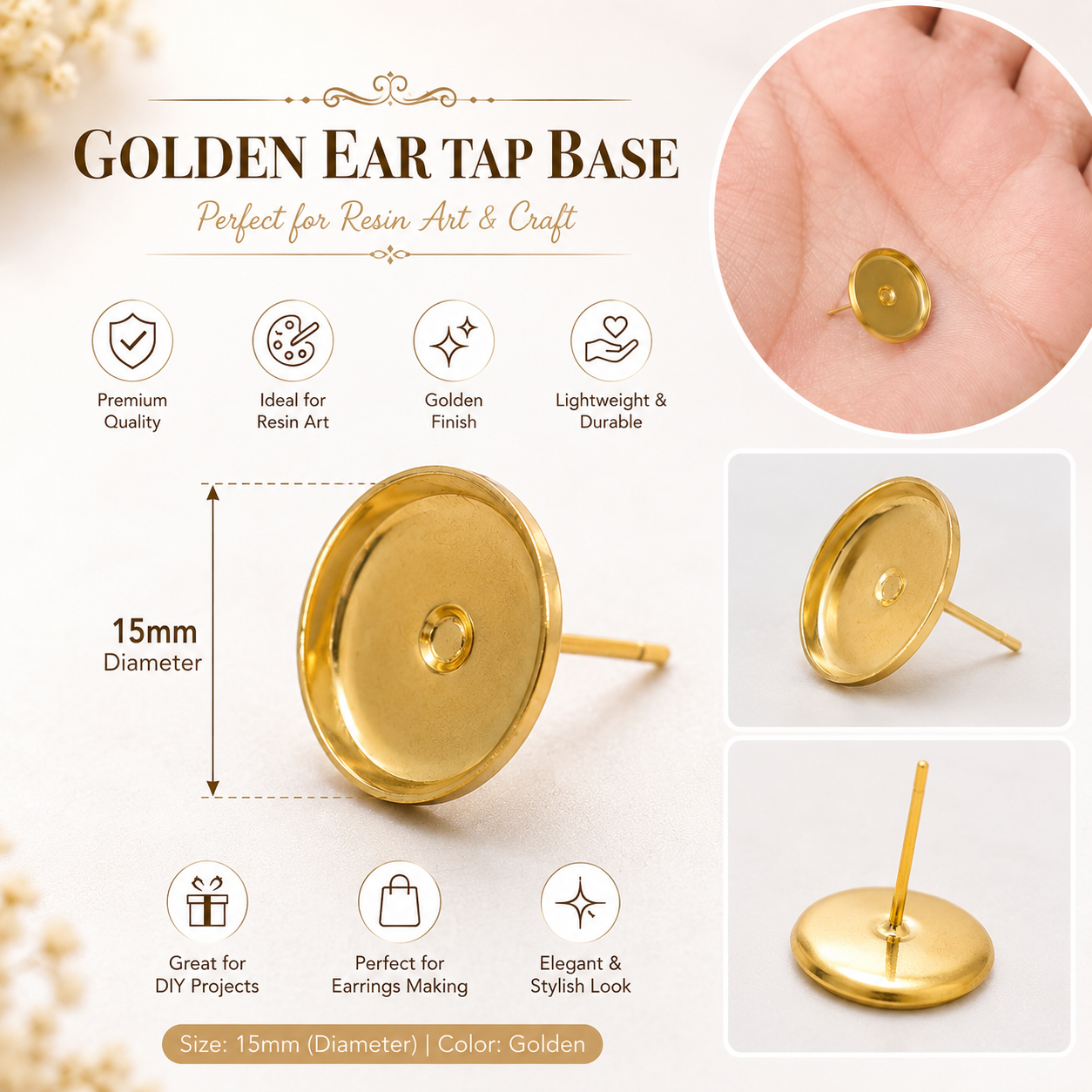 15mm Golden Earring Stud Base Tray | Resin Art Earrings Base | Stainless Steel Ear Stud Findings | DIY Jewelry Making Supplies | Round Cabochon Setting Blank | Golden Earring Post for Resin Craft