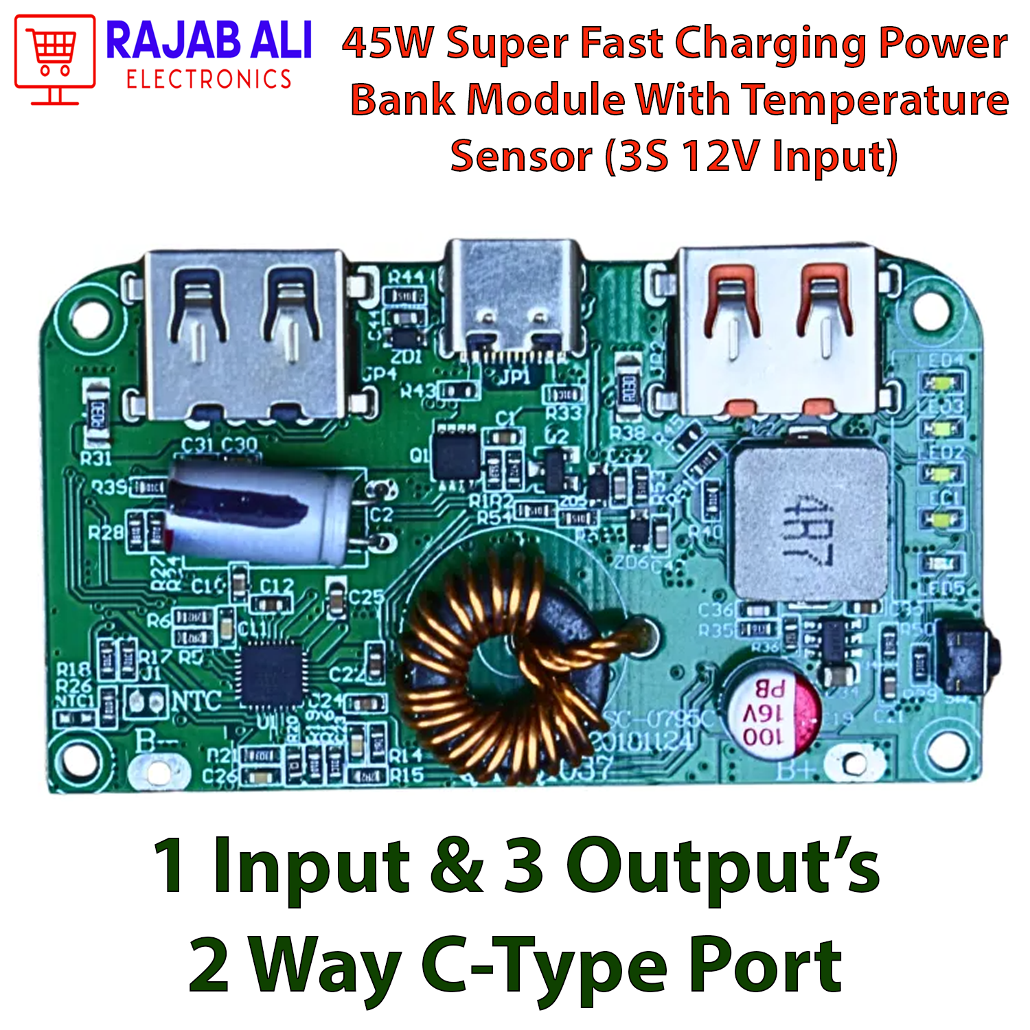 65W Fast Charging Power Bank Circuit Board with Dual USB 5V/2.5V/9V/2V Ports, PD 3.0, 5 Output Ports, 3 Input Ports - Compatible with Mobile Devices