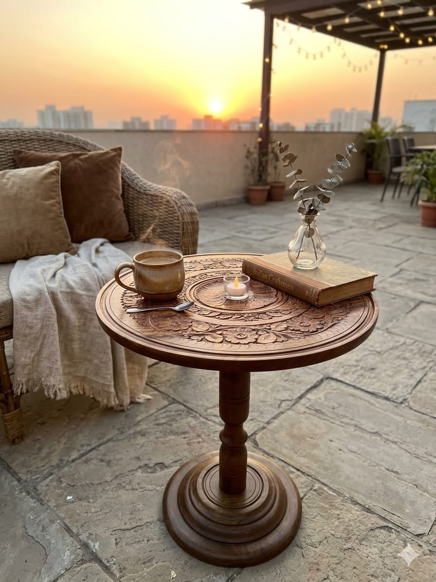 Hand Carved Solid Wood Coffee Table – Vintage Round Side Table | Handmade Wooden Table | Rustic Decor | Living Room / Balcony Table