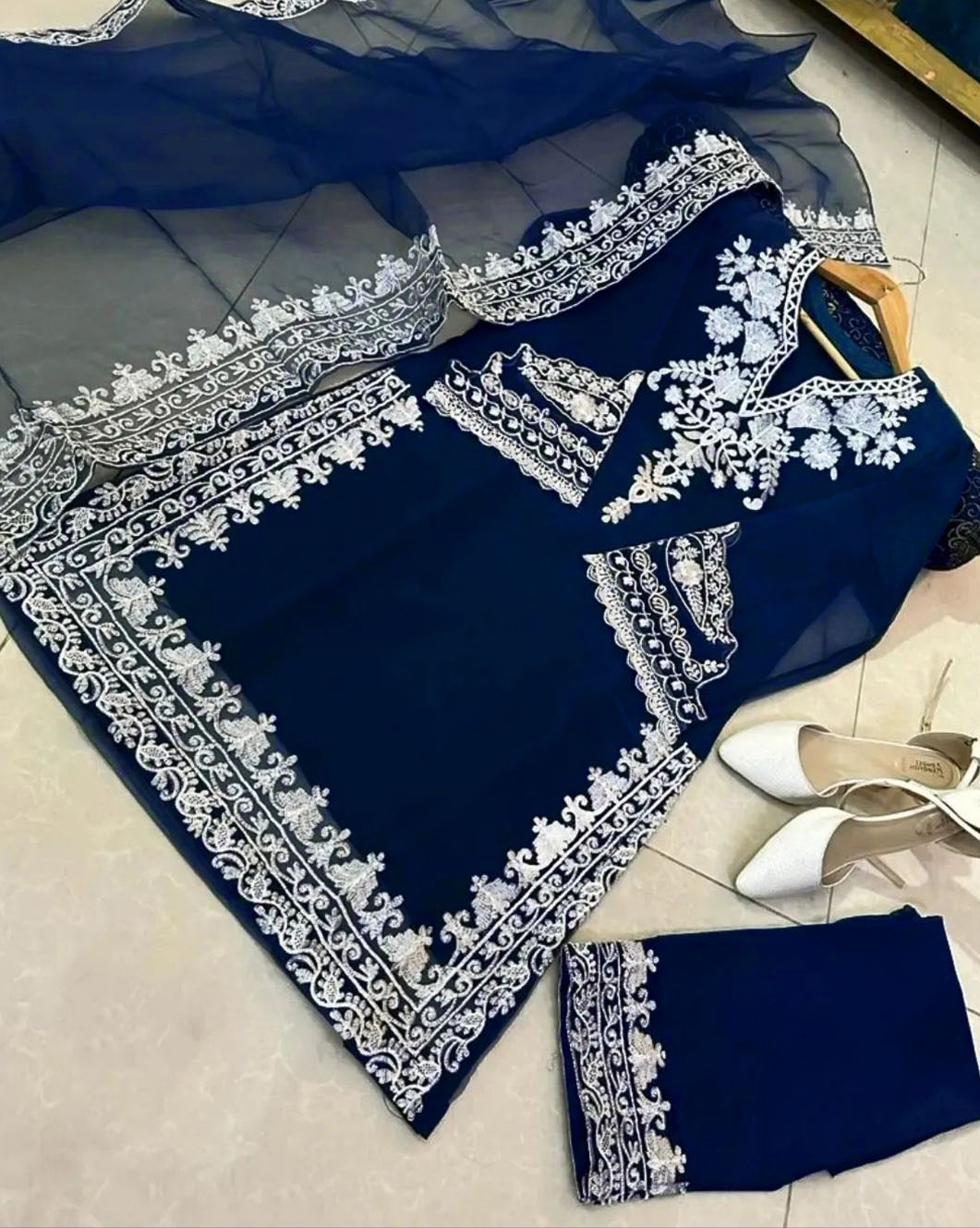Elegant White Embroidered Girls Kurta Set with Trouser & Dupatta – Premium 3 Piece Ethnic Outfit main image 1