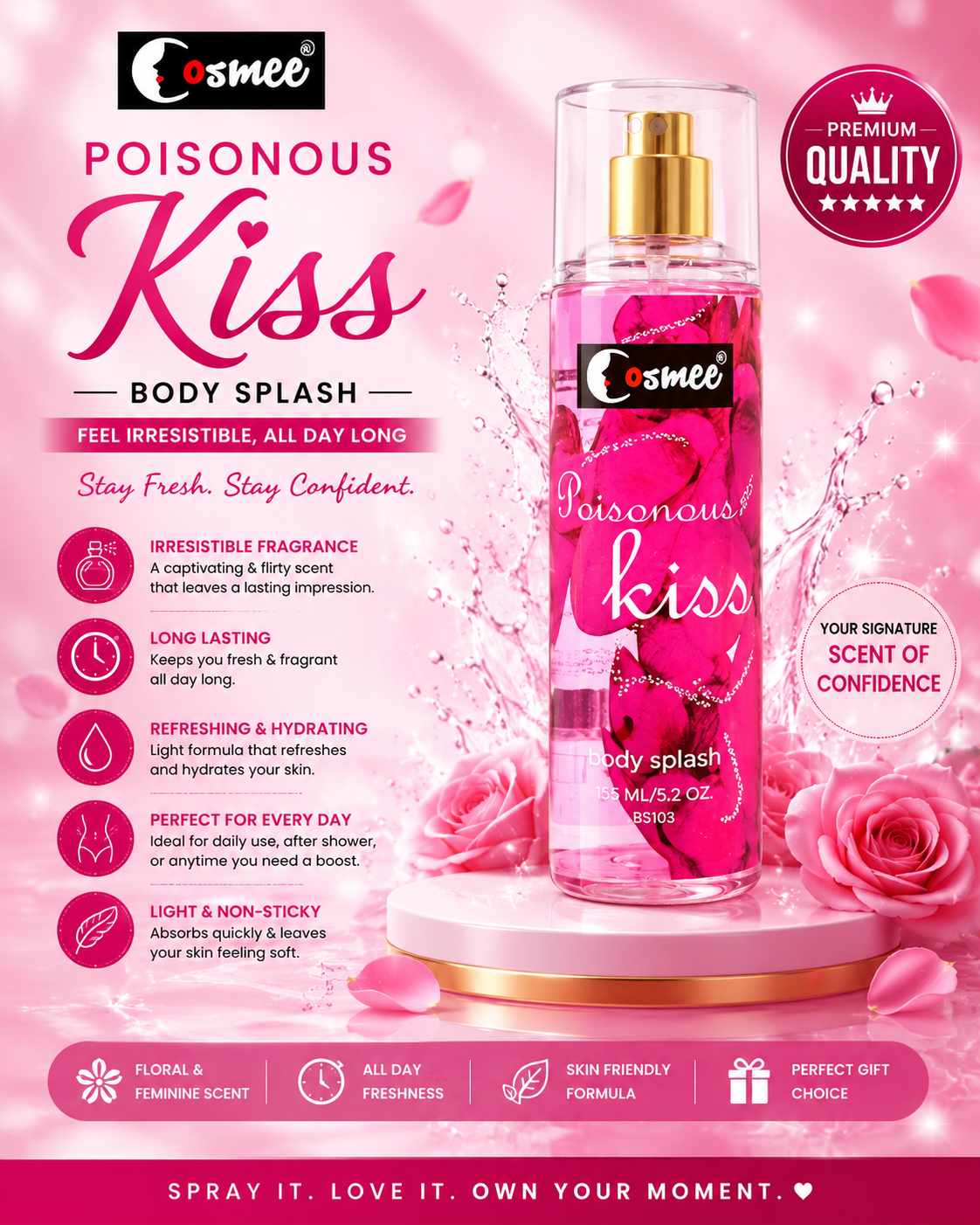 Cosmee Poisonous Kiss Body Splash for Women 155ml | Long Lasting Body Mist