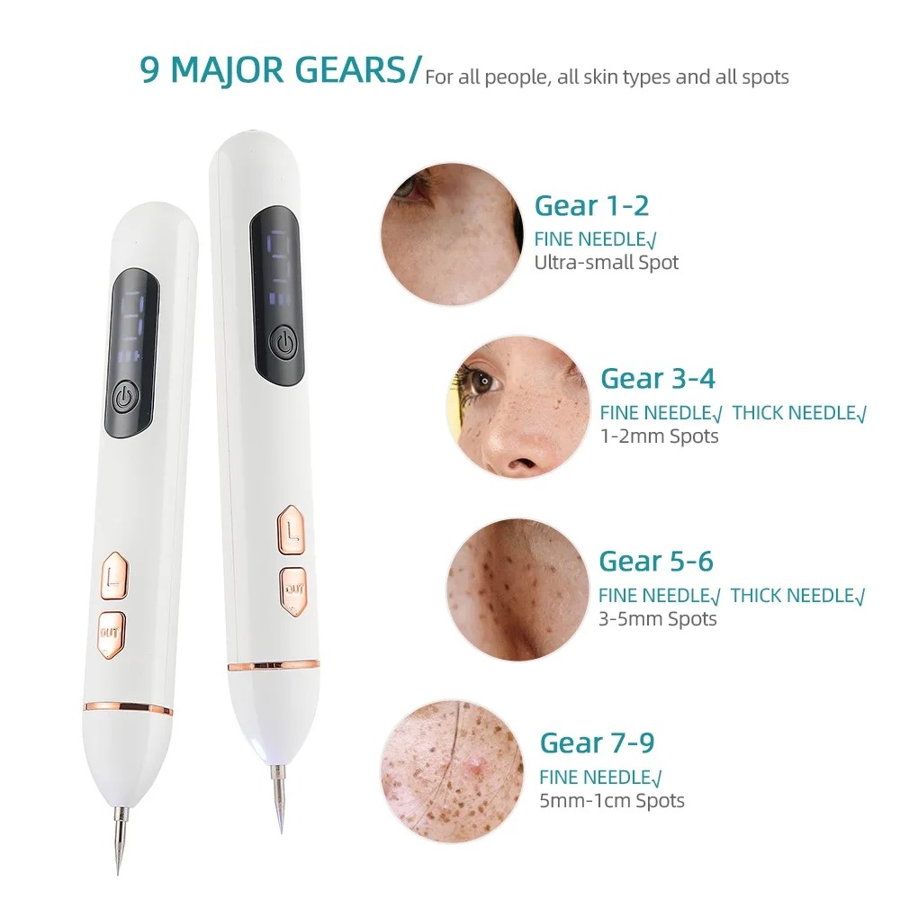 PIXIE Face Mole Removal Pen Spots Tattoo Freckle Removal Pen LED Lighting Sweep Spot Mole Removing Dark Spot Remover Skin Care 9 Adjustable Modes Laser Mole Pen