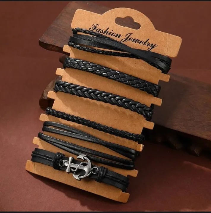 6Pcs Set Men's Vintage Braided Cowhide Bracelet Multi-layer Leather Bracelet For Men's And Boy's