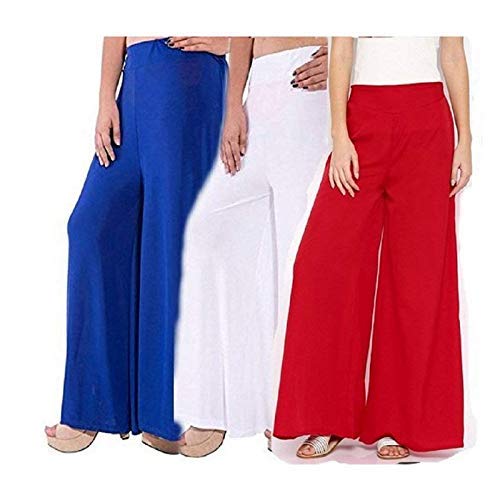 Pack Of 3 Viscose Long Palazzo Pants for Women (Blue-Red-White)