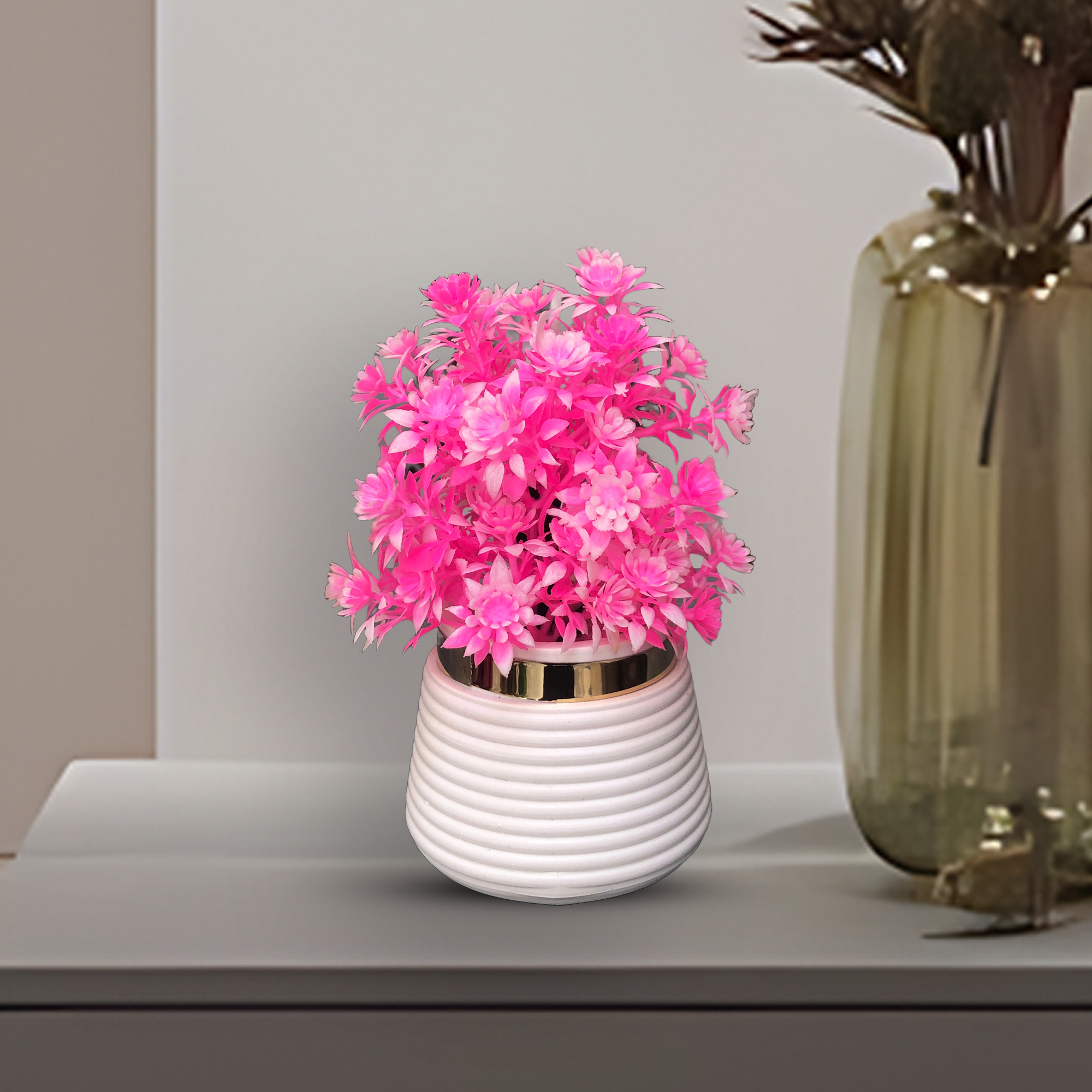 Artificial Pot Decor Potted Flowers Mini Plants with white pot, Natural Lifelike Flowers for Room Indoor Home Office Desk Shelf Decor, 15.50 cm height in 4 colours