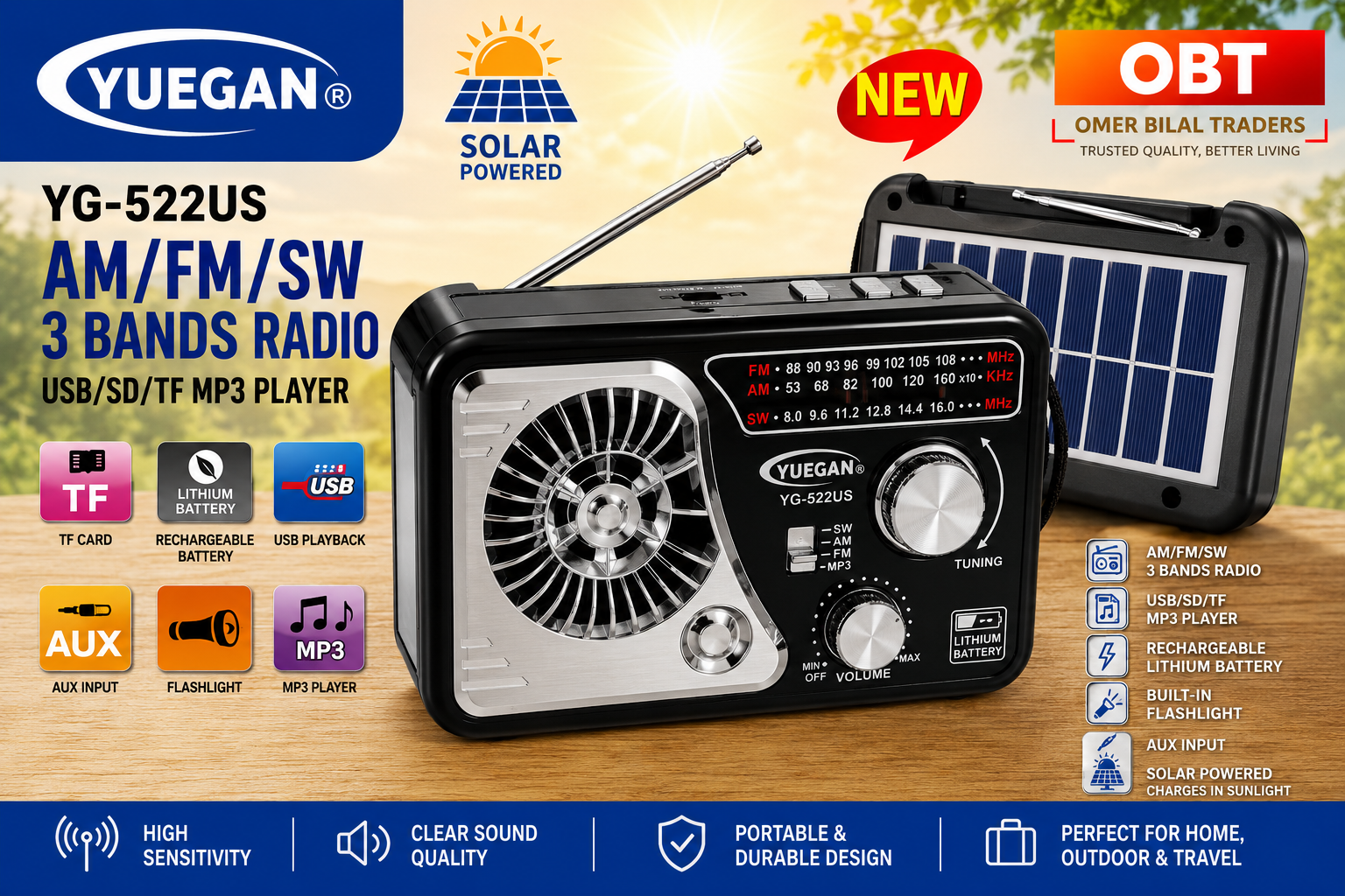 Portable Solar Rechargeable 3 Bands (FM/AM/SW) Radio with USB/TF Music player & Charging Panel Light