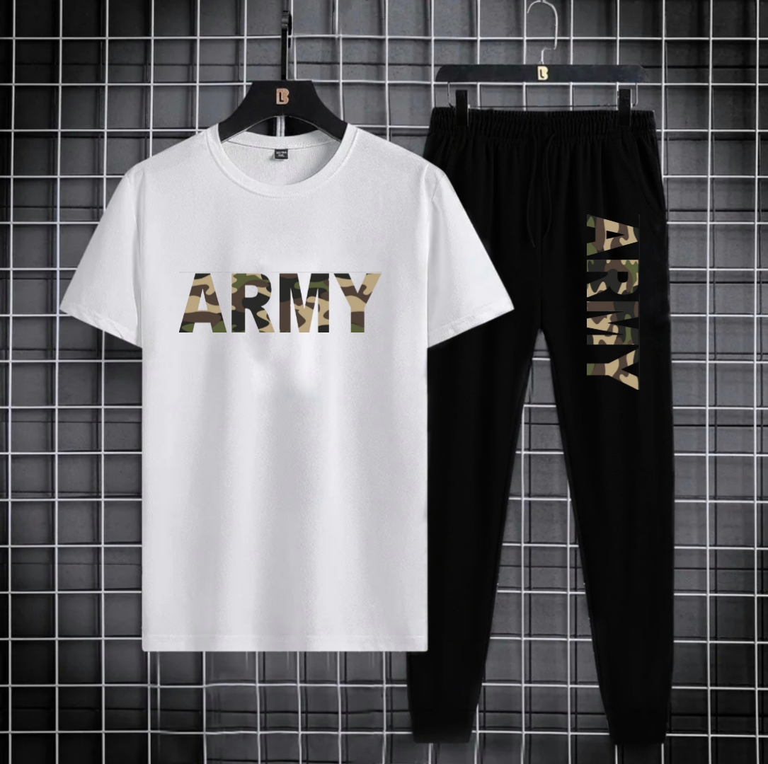 TRACKSUIT - White Camouflage Army Printed Tracksuit For Men - Soft & Comfy Fabric Tshirt & Trouser Commando Printed Tracksuit