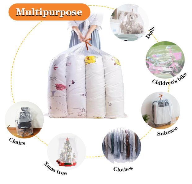 10 Large Clear Drawstring Plastic Bags, 24x48 Inches Dust Covers Drawstring Plastic Bags for Luggage, Suitcase, Reusable, Plastic Storage Bags for Clothes Packing Luggage Suitcase Furniture Comforter Bike Blanket