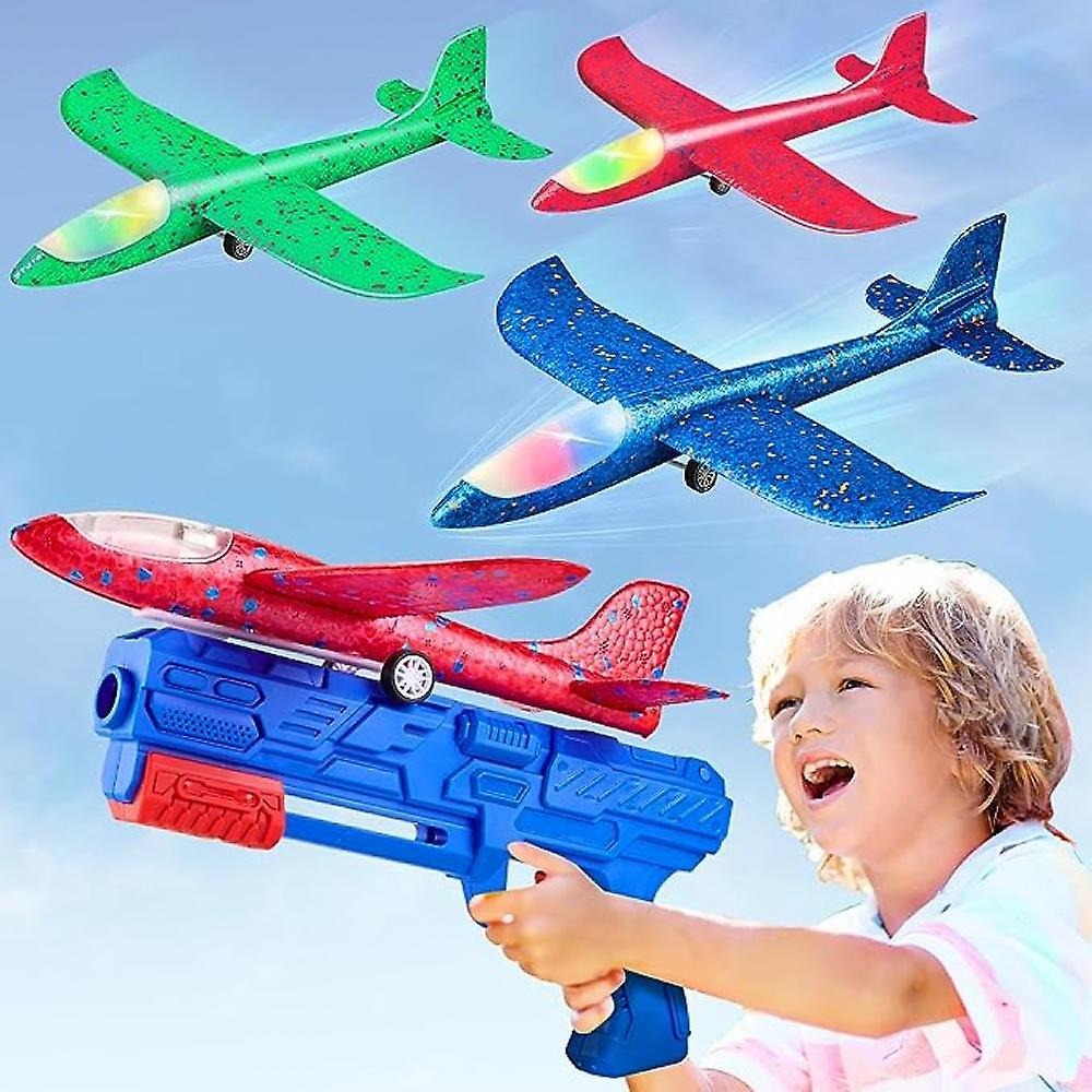 Foam Airplane Launcher Toy Without Box 2-in-1 Hand Throw & Catapult Plane Gun | LED Light Up Glider Aircraft Shooting Toy for Kids Outdoor Flying Game Gift