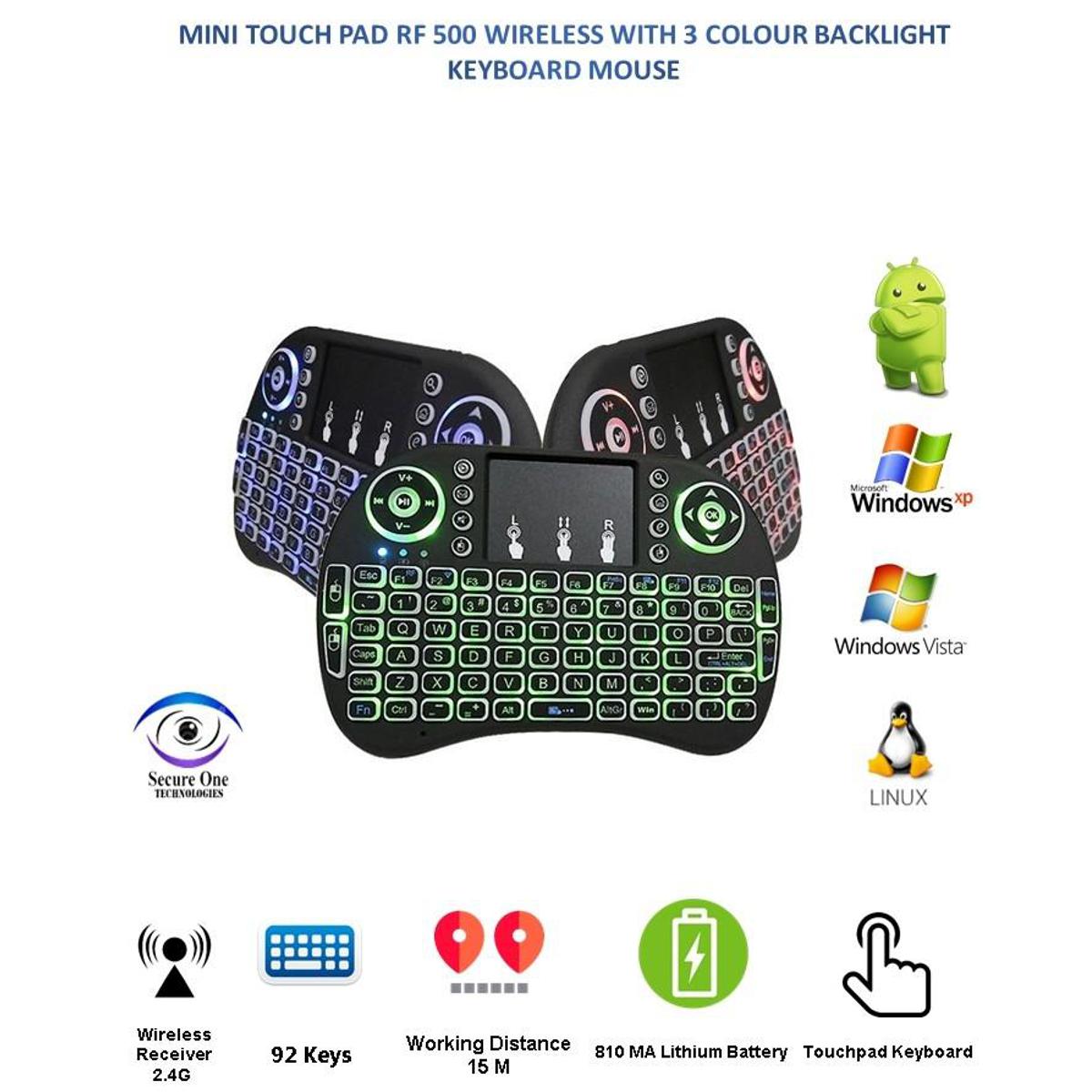 MINI TOUCH PAD RF 500 WIRELESS WITH 3 COLOUR BACKLIGHT KEYBOARD MOUSE