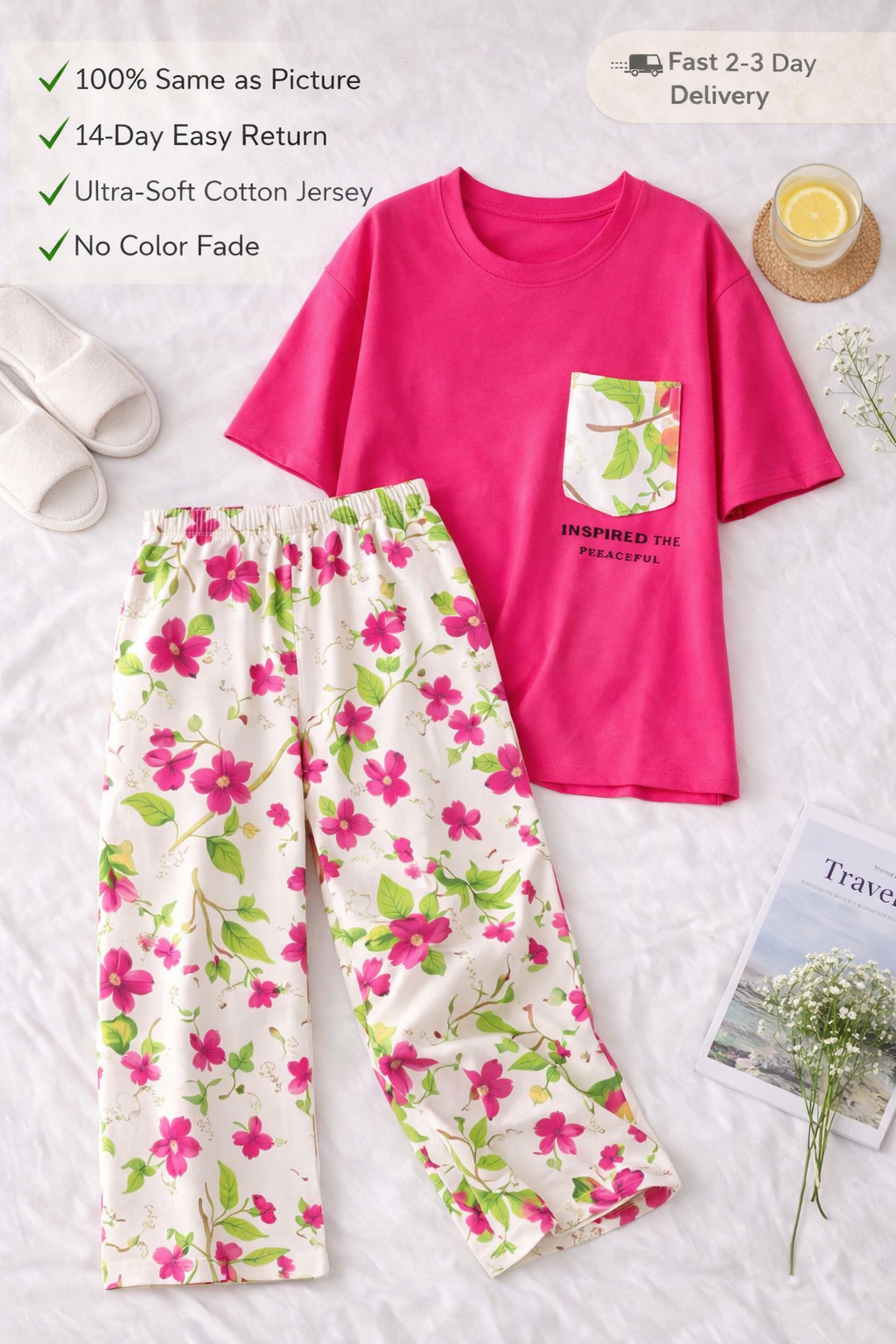 Pink Floral Cotton Jersey Night Suit for Women & Girls (S–XL) – Soft Breathable Summer Pajama Set | Comfortable Sleepwear & Lounge Wear | Premium Nightwear Pakistan