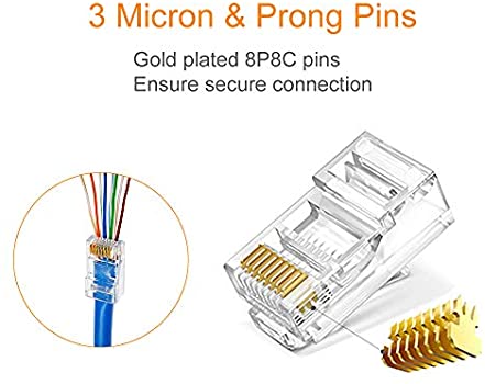 RJ45 Pass Through Connectors - Easy to Crimp Modular Plug for Solid or Stranded UTP Network Cable | Male Ethernet Connector End