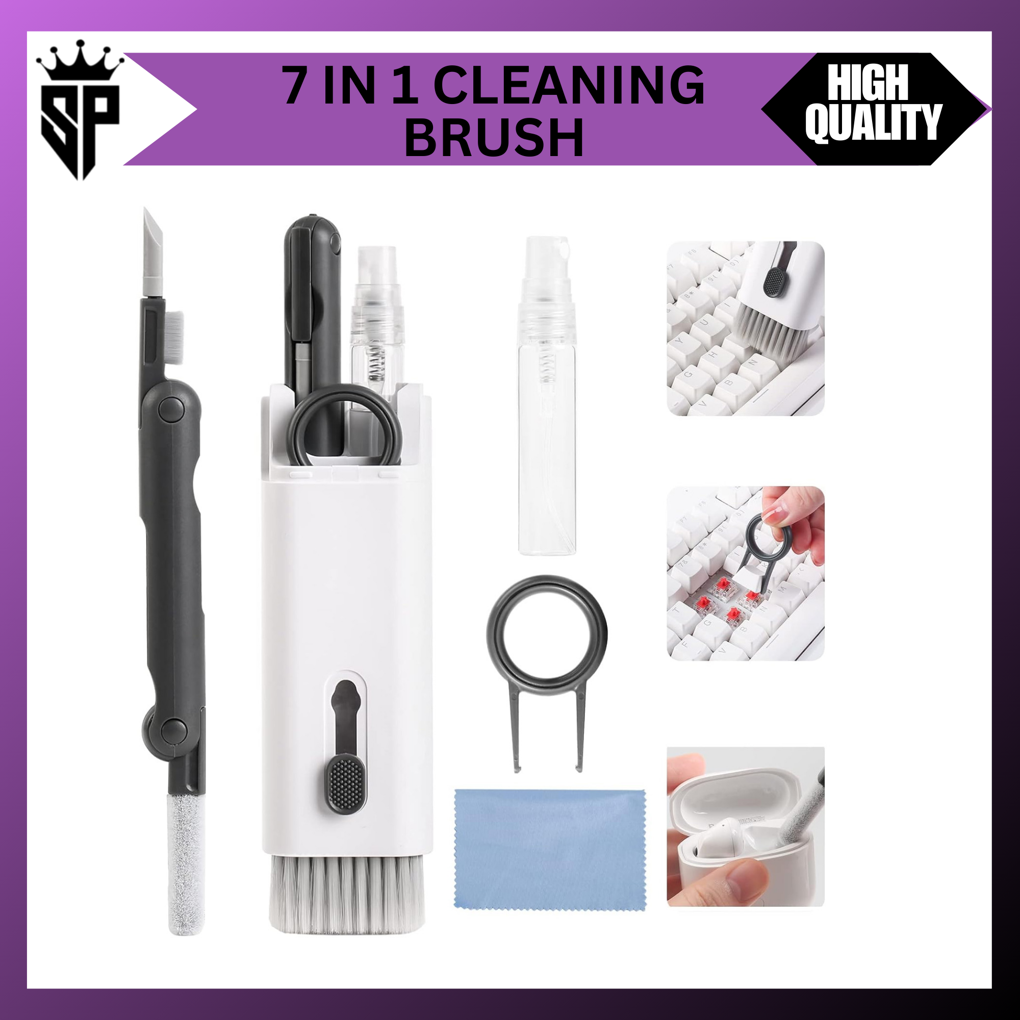 SP Dealz 7 in 1 Electronic Cleaning Kit for Airpod & Laptop | Screen Dust Brush Including Soft Swipe Airpod Cleaner Pen | Key Puller and Empty Spray Bottle (MultiColor, 1pc) price in Pakistan