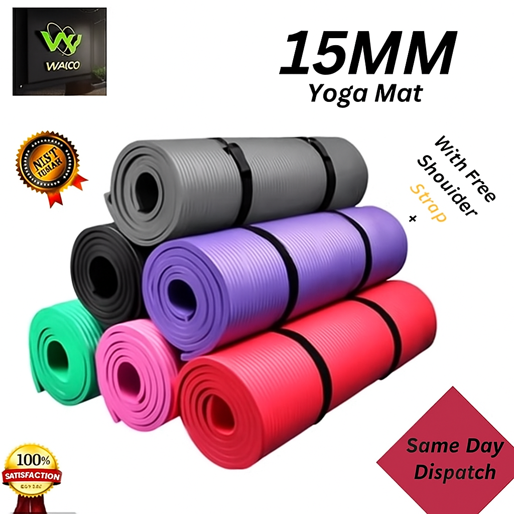 Premium 15mm Extra Thick Yoga Mat for Exercise & Workout | 6ft x 2ft Anti-Slip High Density Gym Mat for Men & Women | With Free Carry Strap | Wago Fitness
