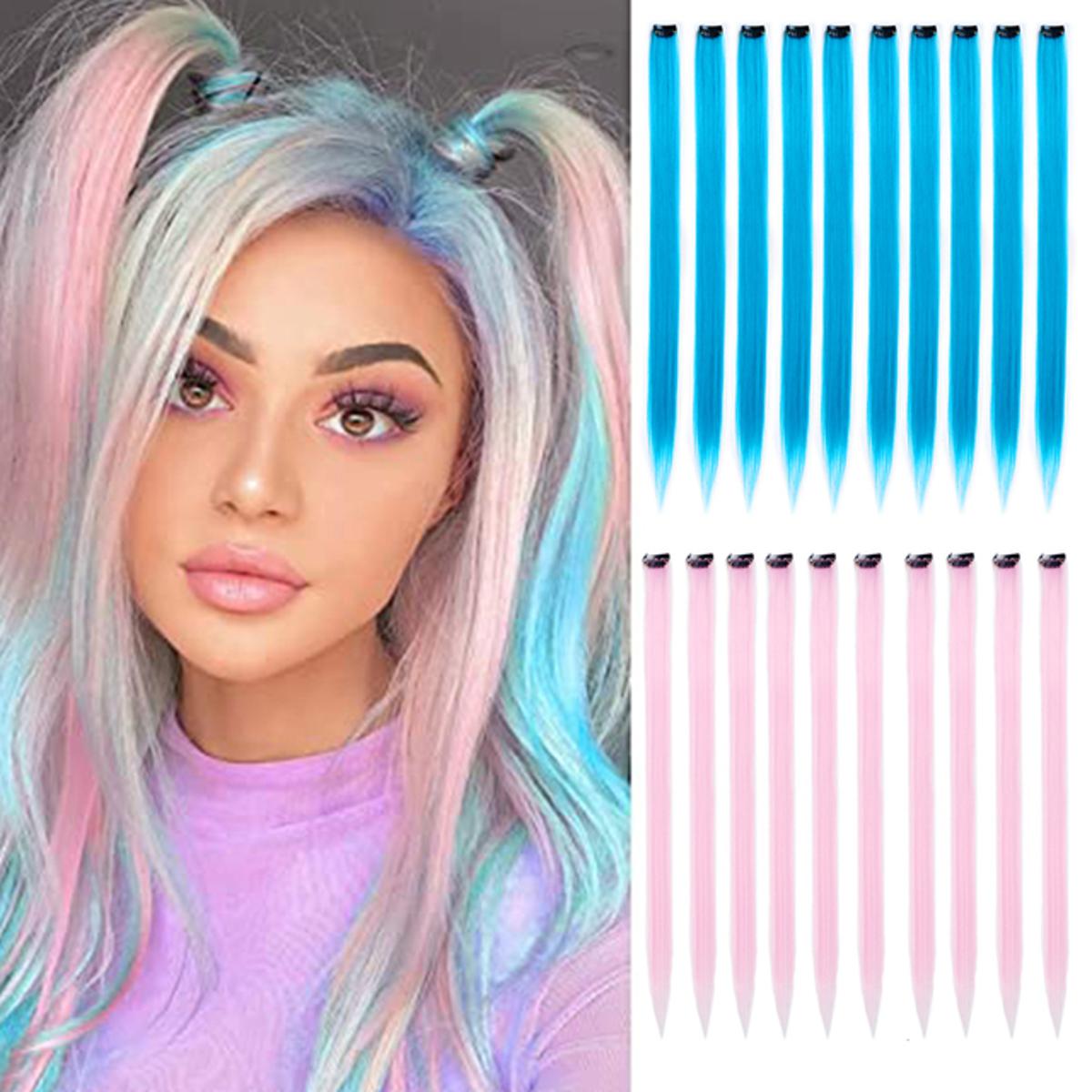 Pack of 6-PCS 3 Baby pink 3 Sky Blue Long Straight Hair Clip Extensions for girls and women's