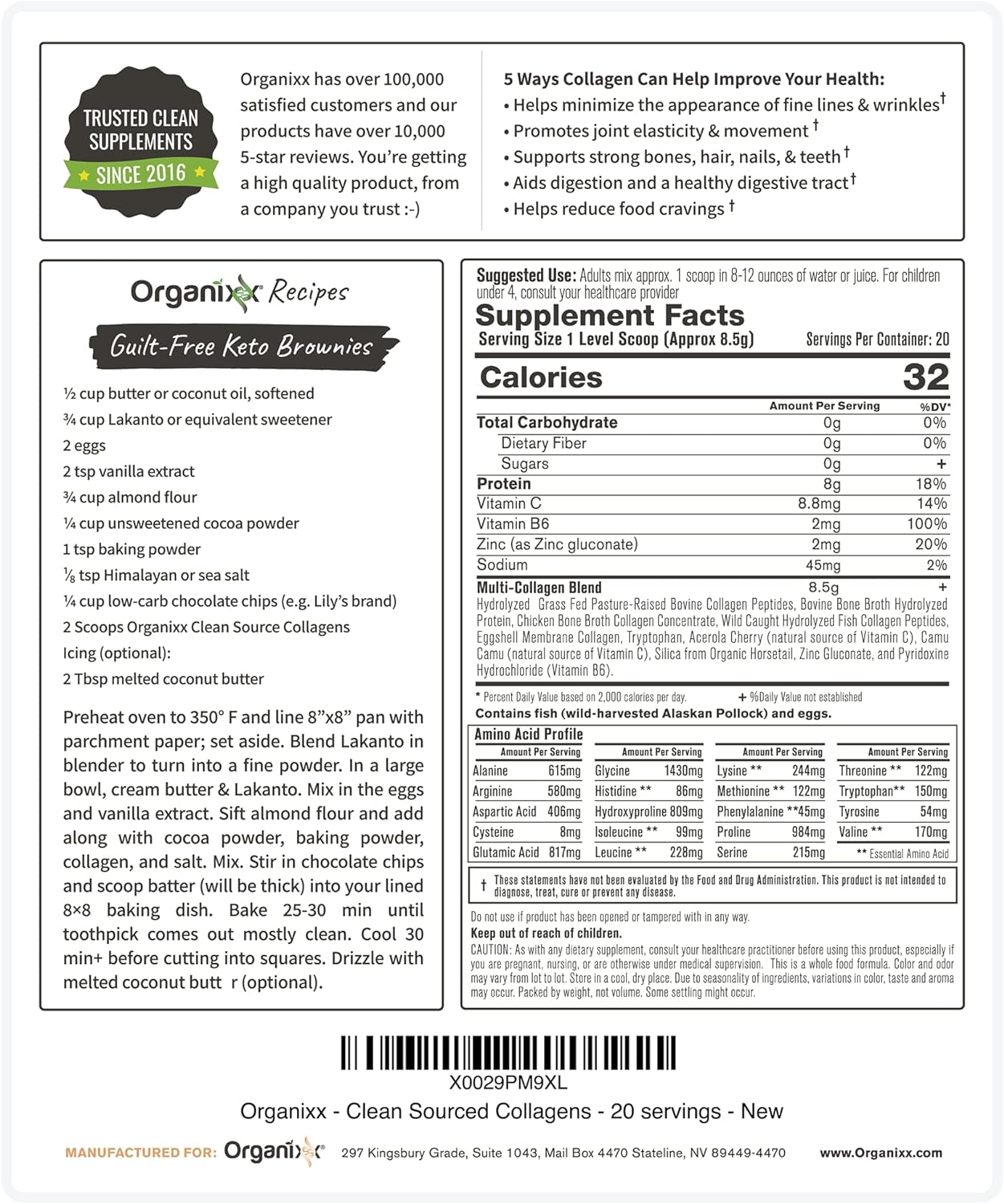 Organixx Clean Sourced Collagen Powder, Hydrolyzed Protein Powder Collagen Peptides with Vitamin C, and Types I, II, III, V, X, For Skin, Joints, Hair and Nails, Aging Support, Unflavored, 20 Servings 170gm