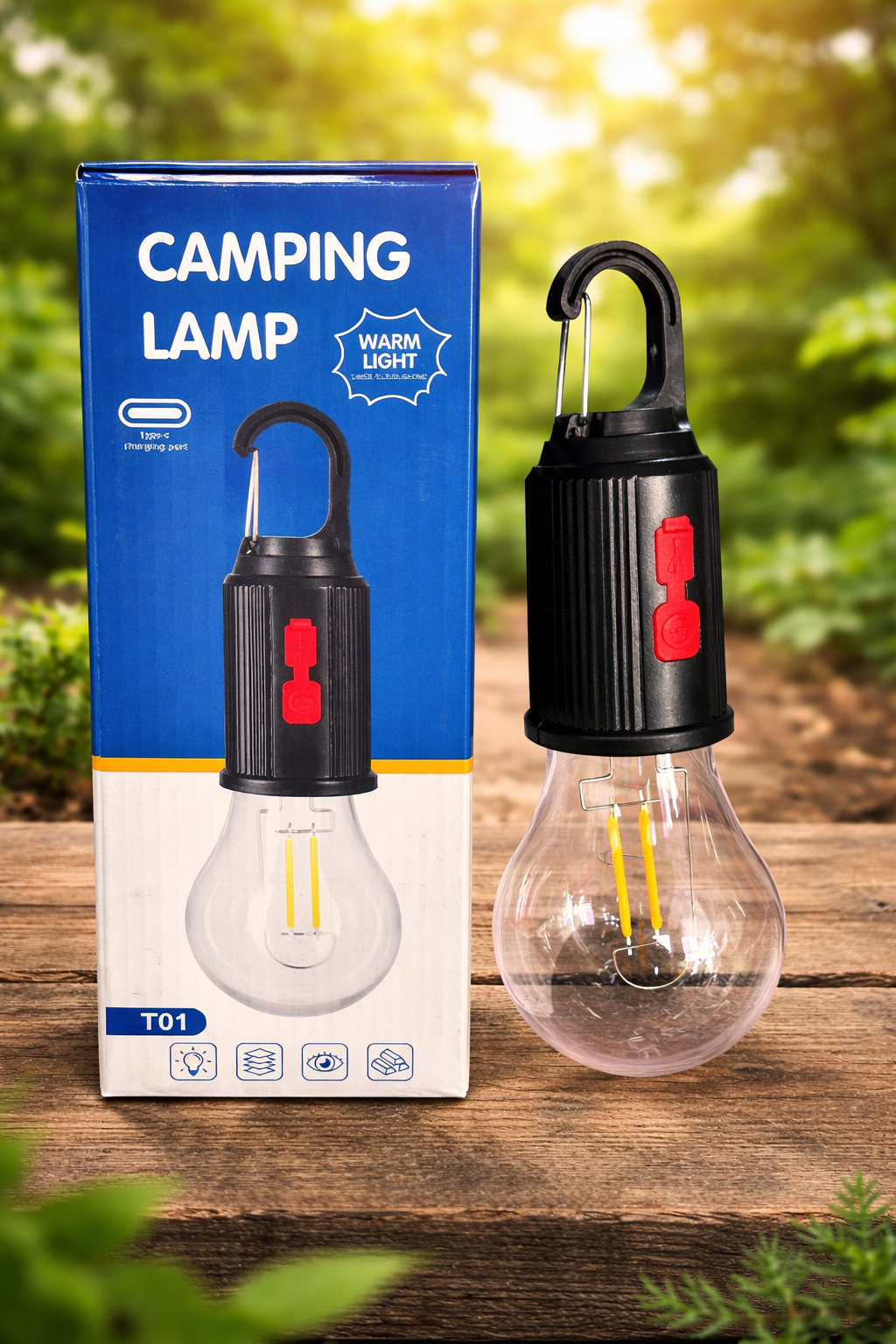 Portable LED Camping Lamp with Hook – USB Rechargeable Warm Light Emergency Bulb for Outdoor, Hiking & Home Backup