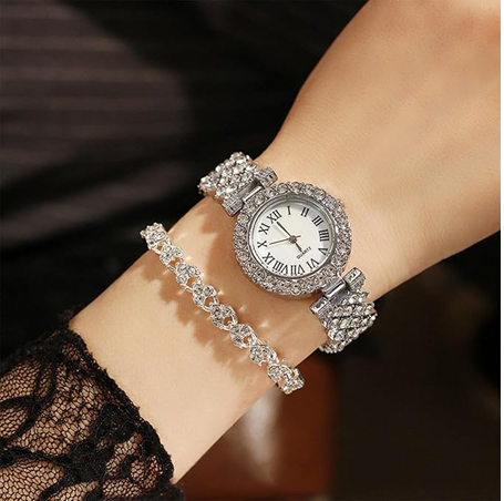 Luxury Rhinestone Women’s Watch Set – Round Dial with Stainless Steel Crystal Chain Strap & Bracelet (2 PCS Gift Set)